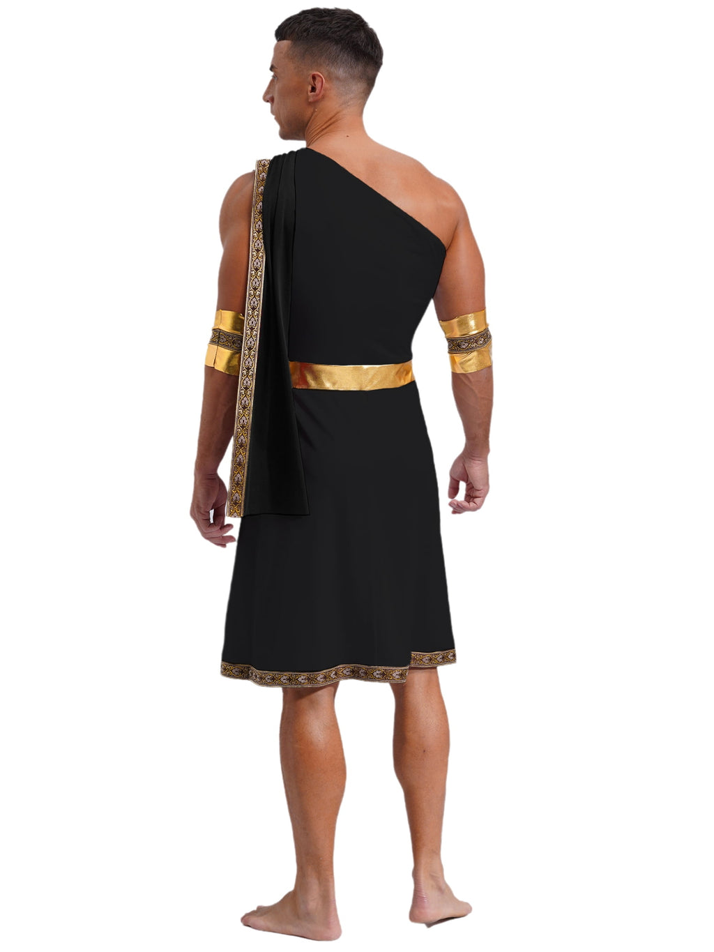 Haitryli Men's Ancient Greek God Toga with Sleeves One Shoulder Halloween Costume Tunic Role Play Black S