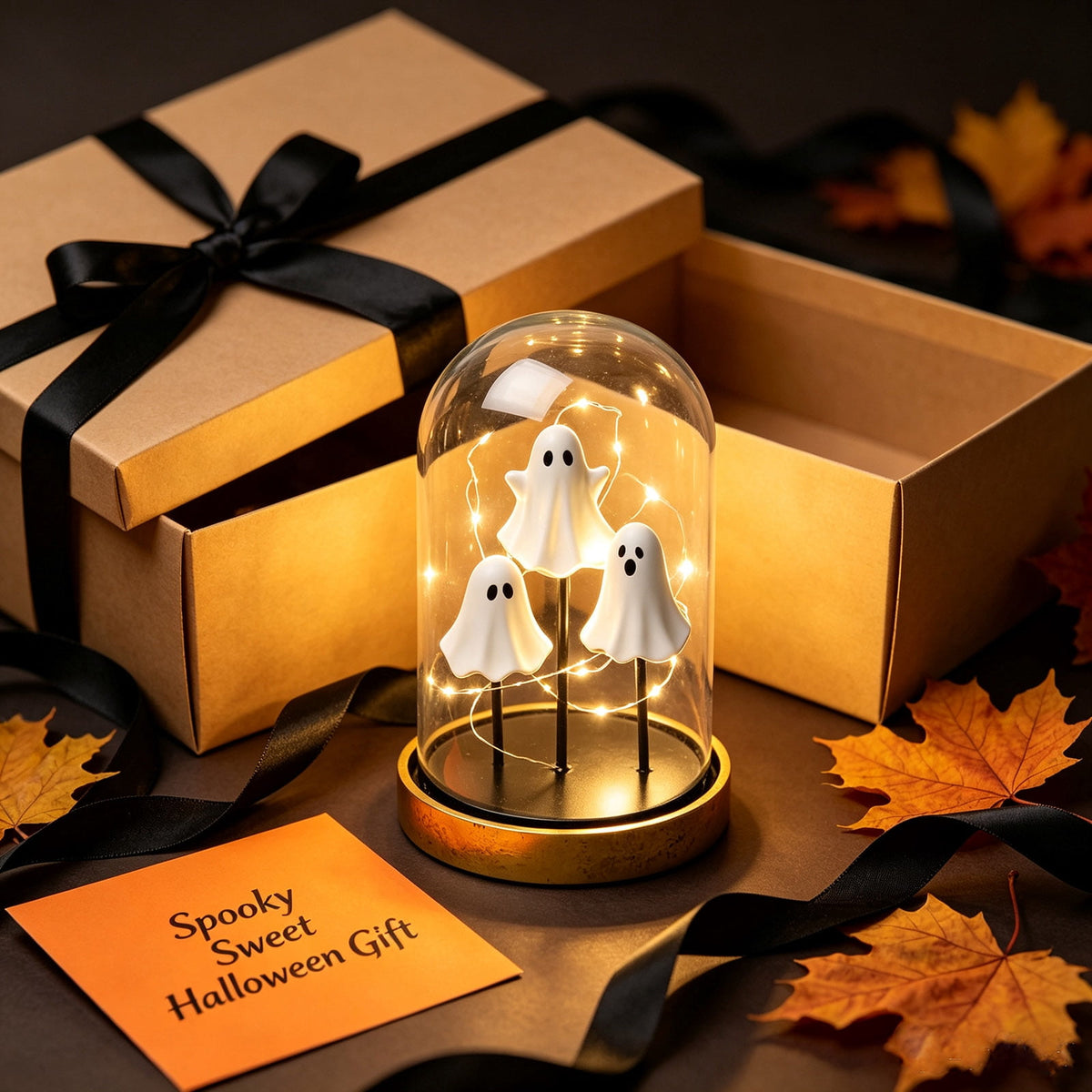 Darzheoy Halloween Decoration Ghost Cloche Lamp, with 3 Mini Figurines, Halloween Ghost Spooky, White Warm Glow, 1 Count