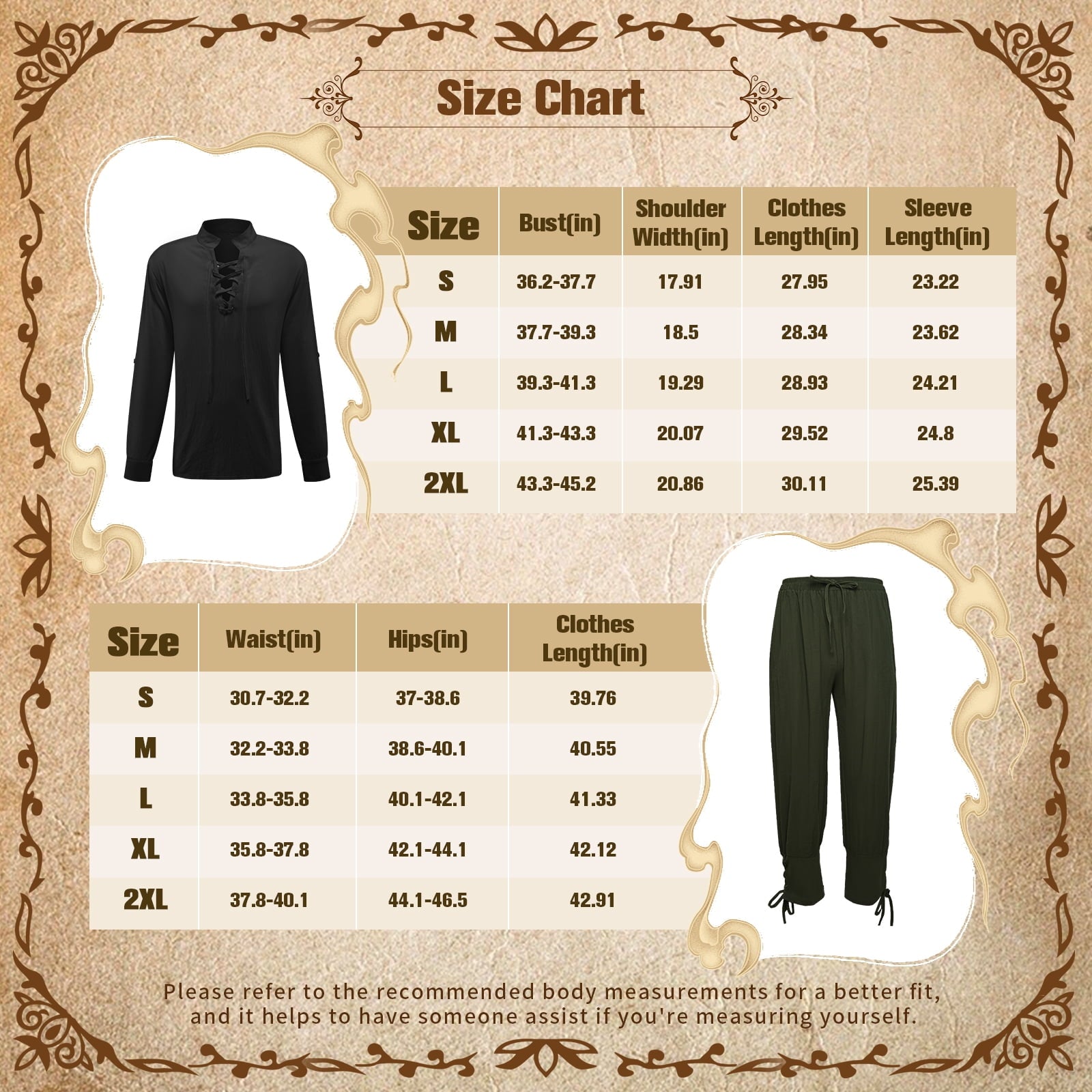 MYATED 5 Pcs Halloween Men's Renaissance Costume Set Medieval Pirate Shirt Ankle Banded Pants Viking Costume Accessories Set,Black,M