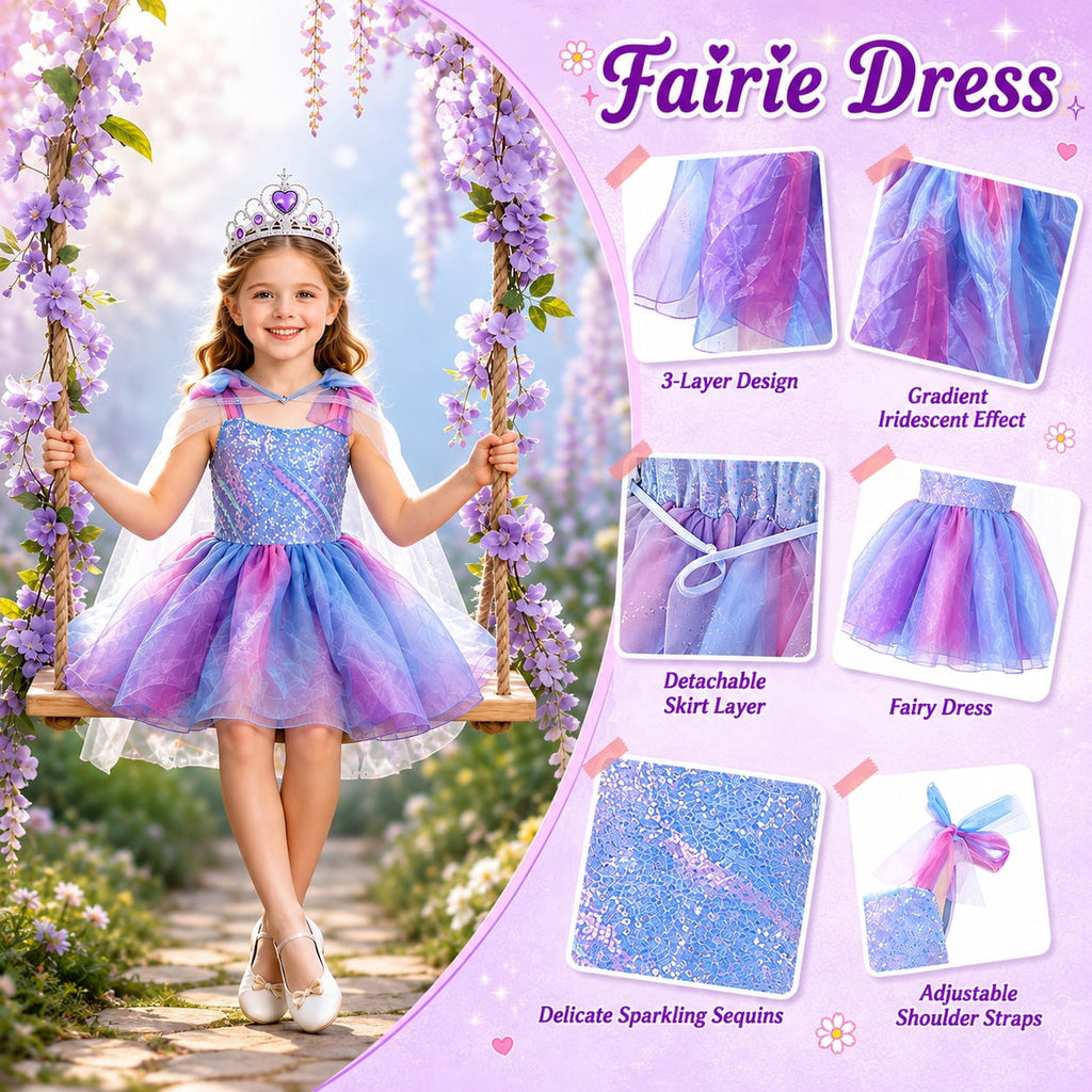 WonderStone Princess Dress for Girls, Light-Up Fairy Costume Dress-Up with Luxury Accessories, Purple Tutu Outfit for Birthday Parties, Kids & Toddlers Ages 5-6