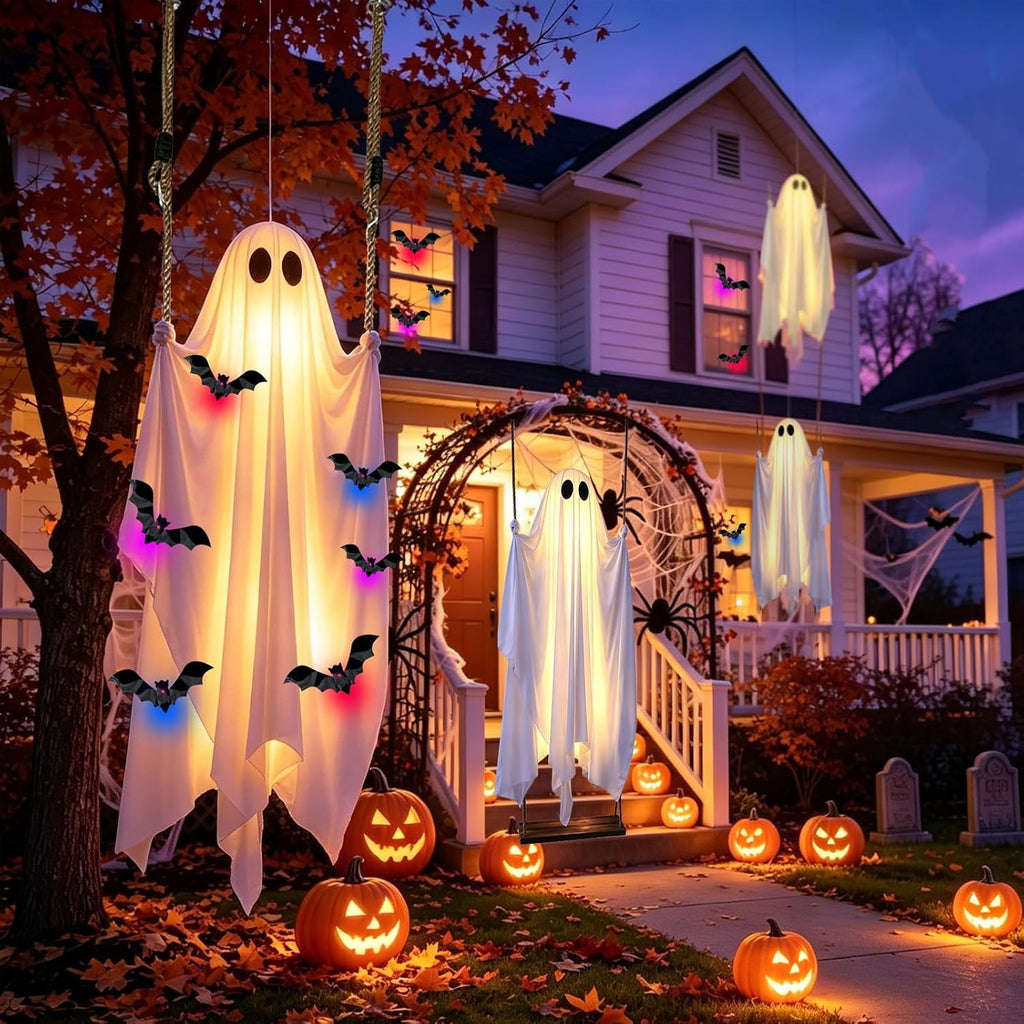 Halloween Decorations Outdoor - 5 FT Large Hanging Swing Ghost Halloween Decor with String Lights, Spooky Cute Ghosts Decorations for Front Porch Yard Tree