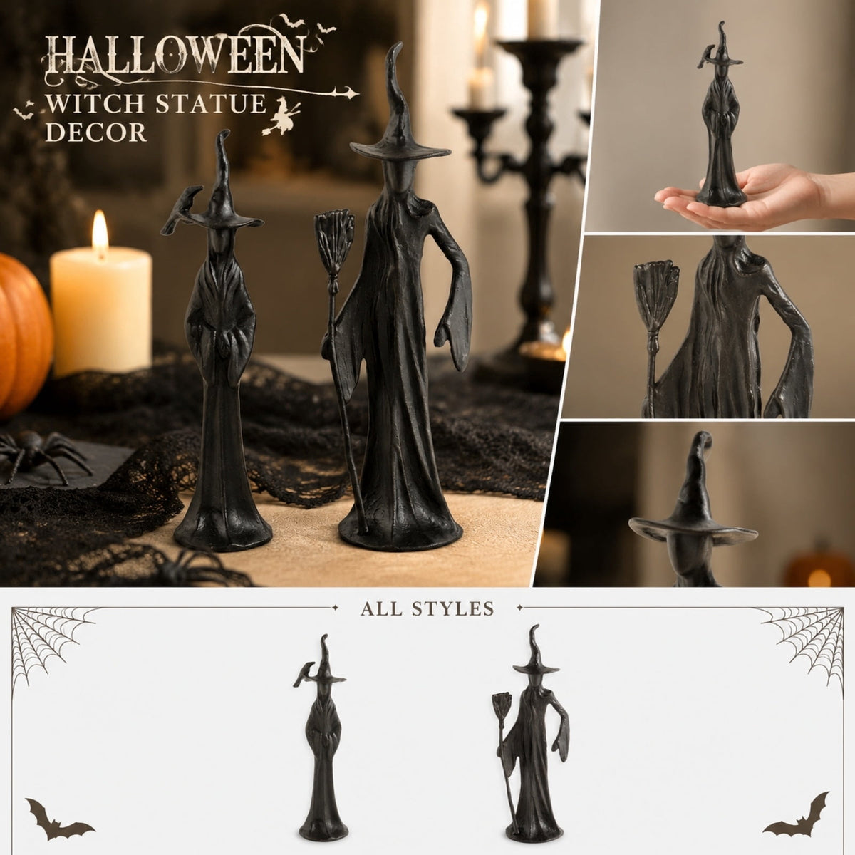 QLUEWX Halloween Sculpted Black Witch Statue, Resin Gothic Witch Figurine with Crow, 10 Inch Vintage Black Witch Sculpture Decor for Tabletop Mantel Shelf Home Holiday Party Decoration