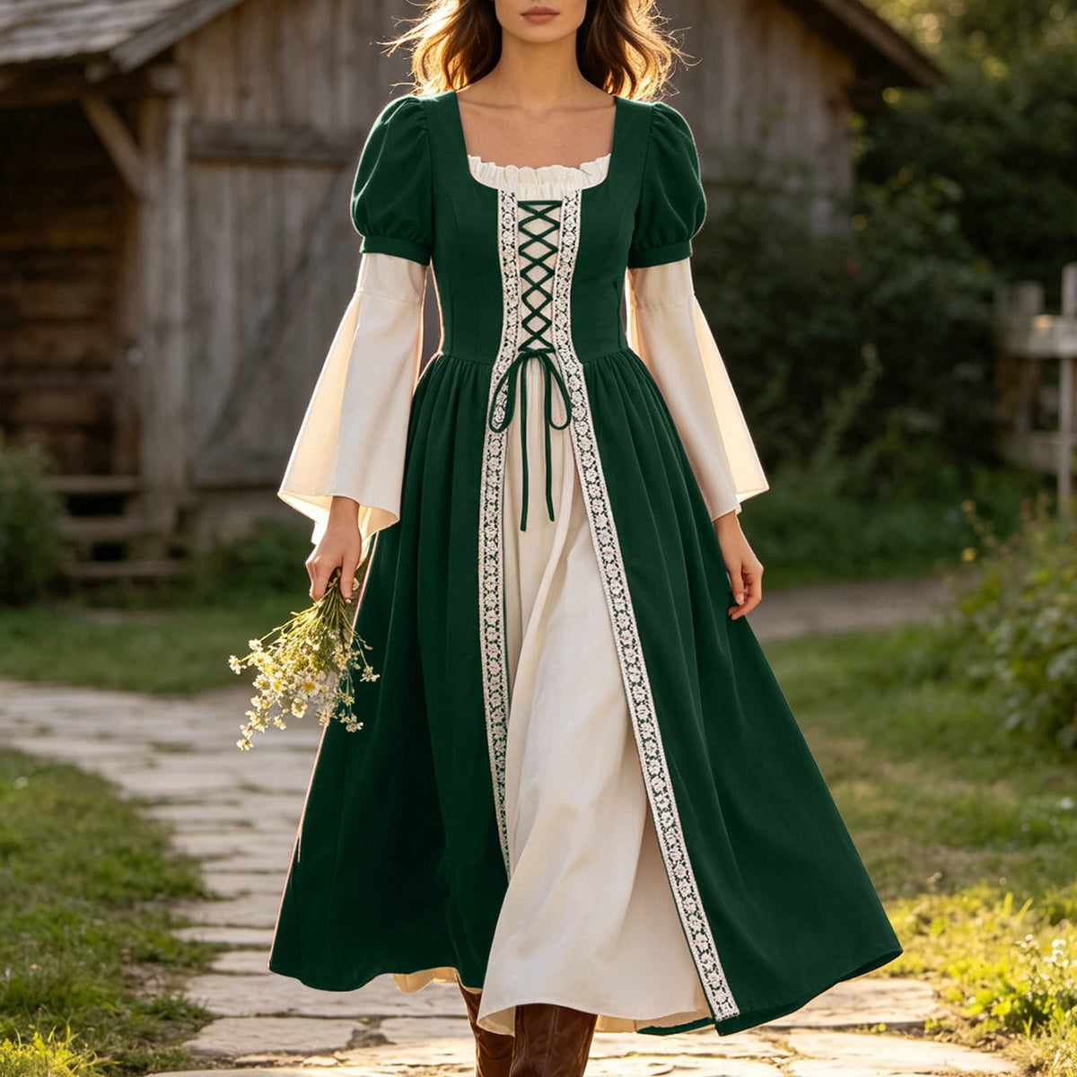 Hurxie Renaissance Costume Women Peasant Medieval Dress Maxi Fairy Dresses with Bell Sleeve Vintage Ren Faire Outfit