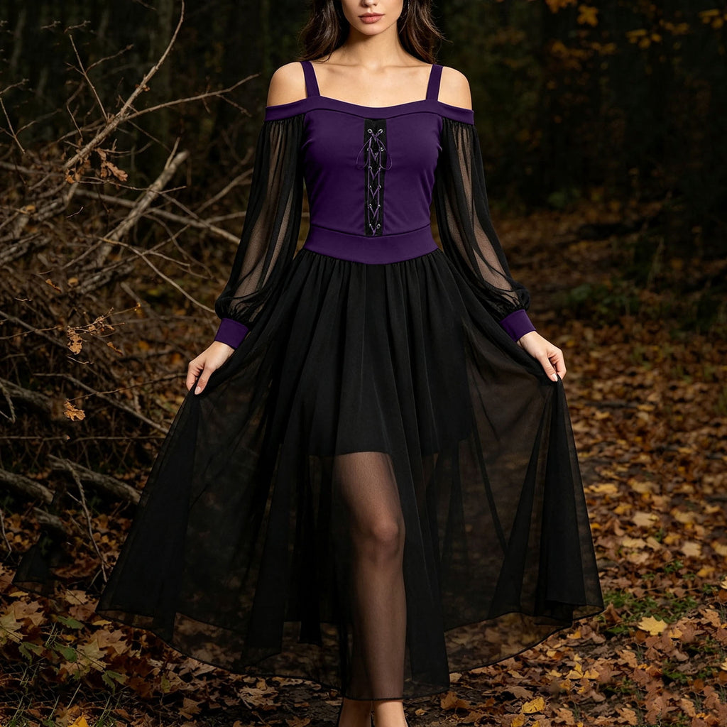 JOANKDMI Women's Gothic Midi Dress Elegant Vampire Costume Cold Shoulder Sheer Long Sleeve Lace-up Corset for Roleplay Halloween Party Outfit Chic, S-3XL