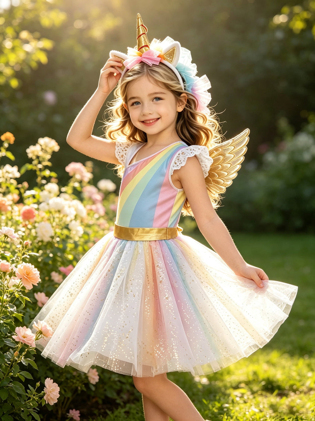 CZKHPTY Girls Rainbow Unicorn Tutu Costume Set with Headband & Wings, Kids Princess Dress Up Outfit, Sizes 9-10Y