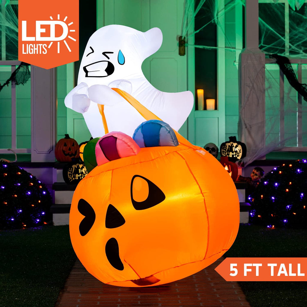 Joyfy 5ft Halloween Inflatables Light up Cute Ghost,Blow Up Ghost Lift Pumpkin Candy Bag with Build-in LEDs for Yard Decorations