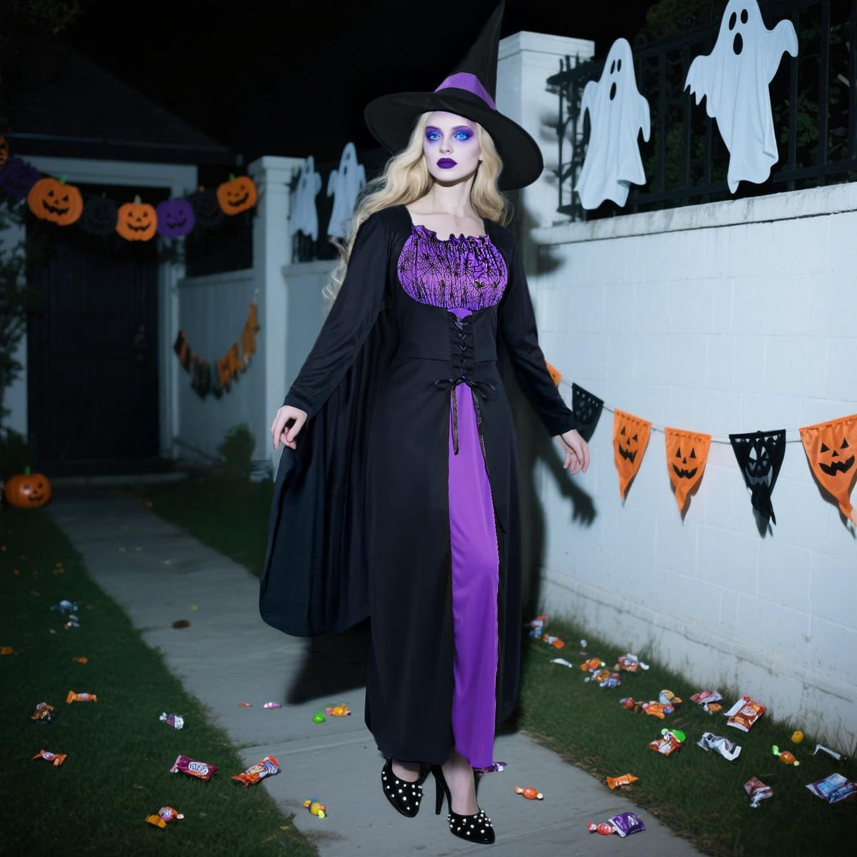 Women's Witch Costume Halloween Gothic Witch Dress with Witches Cape and Wicked Witches Hat