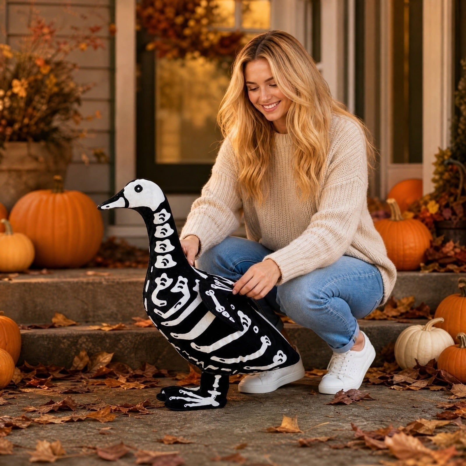 Outdoor Holiday Yard Decor, 23 Inch Porch Goose Outfits, Halloween Pumpkin Themed Porch Goose Clothes, Porch Goose Set with Hat and Treat Bag, Fits Standard 23 Inch Large Porch