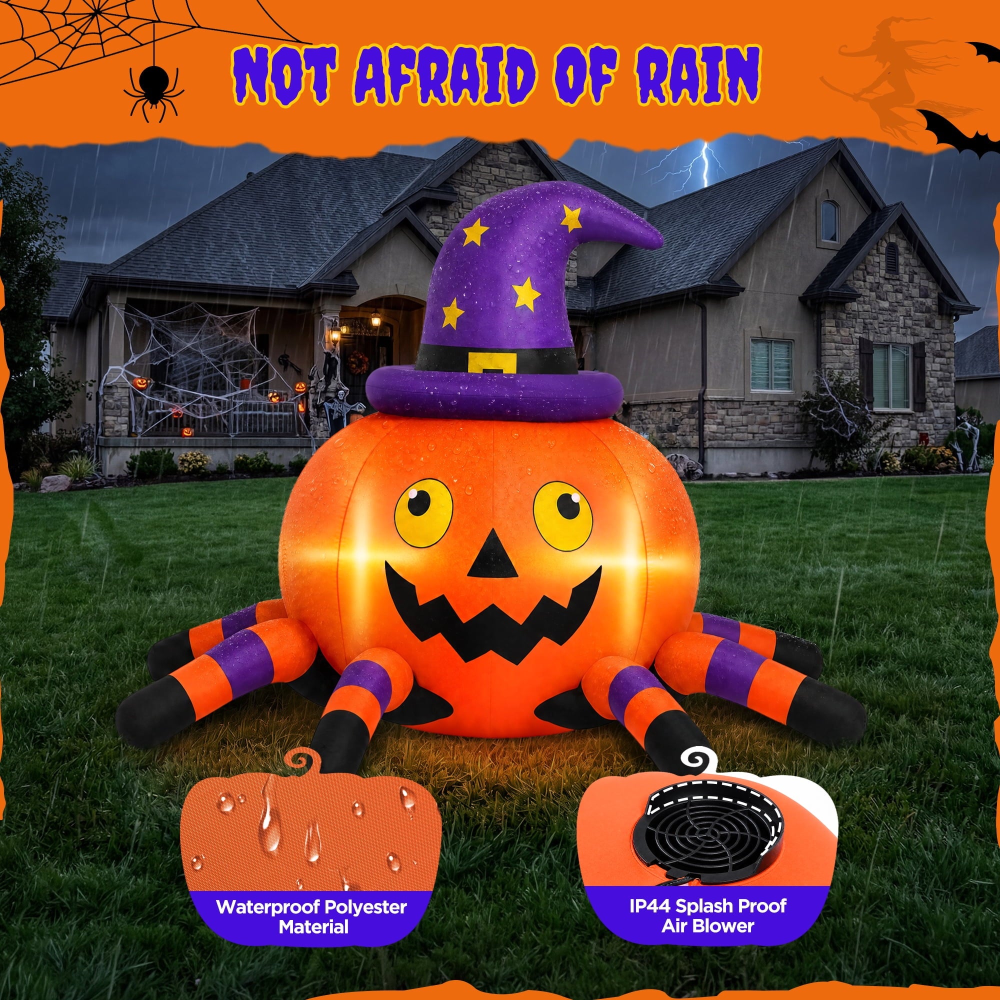 Firstness 6.2FT Halloween Inflatable Decorations Pumpkin Spider with LED Lights, Halloween Blow Ups for Yard Party