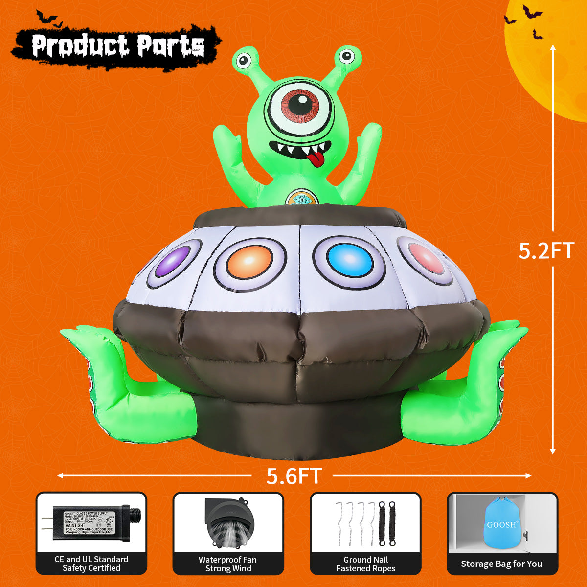 GOOSH Halloween Inflatables 5.2 FT Animated Alien Spaceship Inflatable, Blow up Alien Spaceship with Built-in LED Lights, Outdoor Halloween Decorations for Halloween Holiday Party Indoor Outdoor