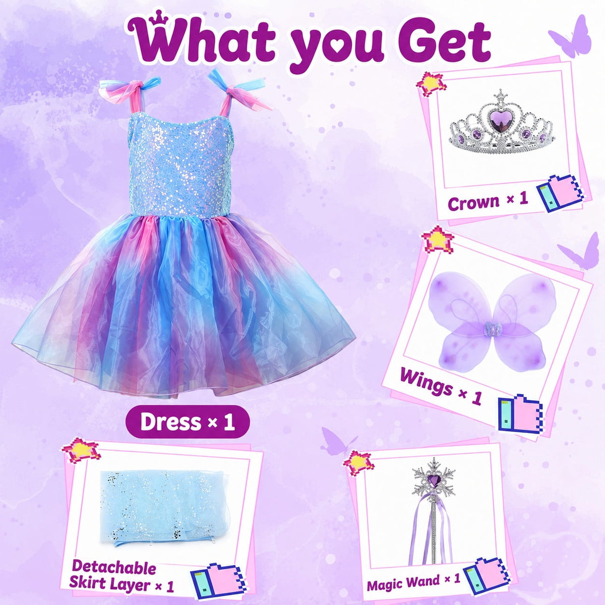 WonderStone Princess Dress for Girls, Fairy Costume Dress-Up with Luxury Accessories, Purple Tutu Outfit for Birthday Parties, Kids & Toddlers Ages 5-6