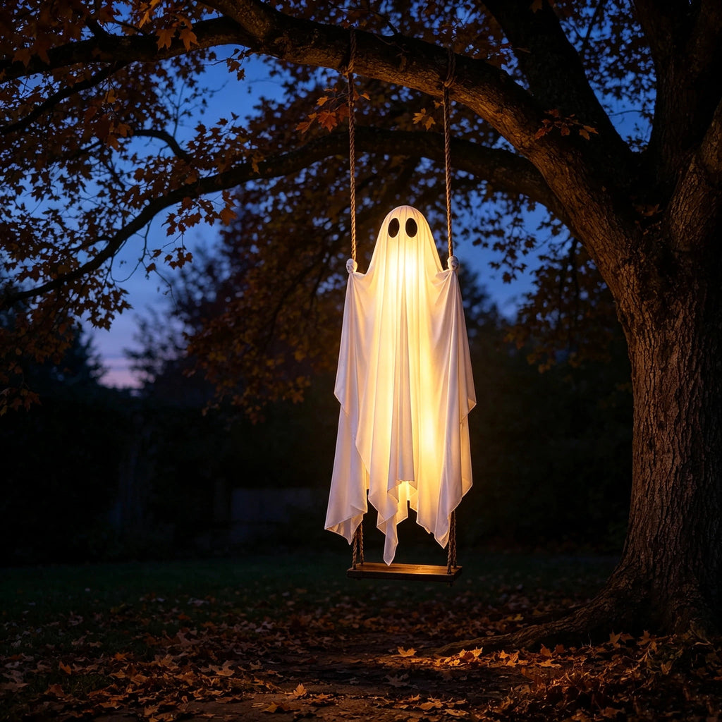Halloween Light-Up Ghost Decorations Outdoor - 6.5 FT - 8 Sounds Gaint Hanging Swing Ghost Halloween Decoration, Spooky Cute Ghosts Decorations for Front Porch Yard Tree