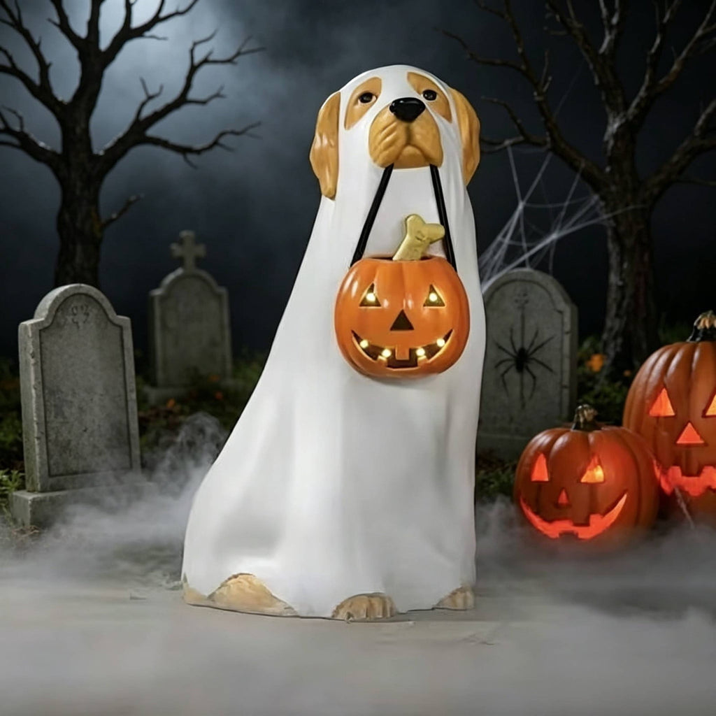Dyegold Halloween LED Lighted Blow Mold Dog Ghost Figurine Resin Lit Spooky Outdoor Yard Decoration for Patio Garden Home 9.84 in Gift