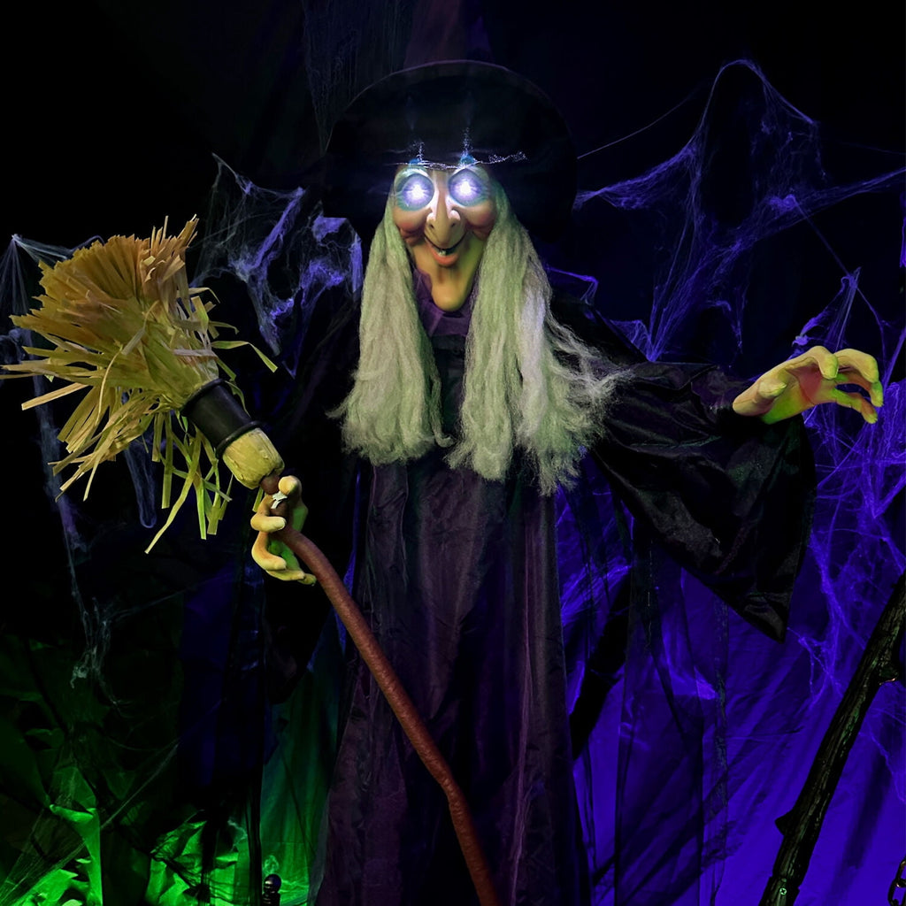 Haunted Hill Farm Life-Size Animated Talking Witch w/ Broomstick, 6 ft Halloween Decoration, HHWITCH-5FLSA