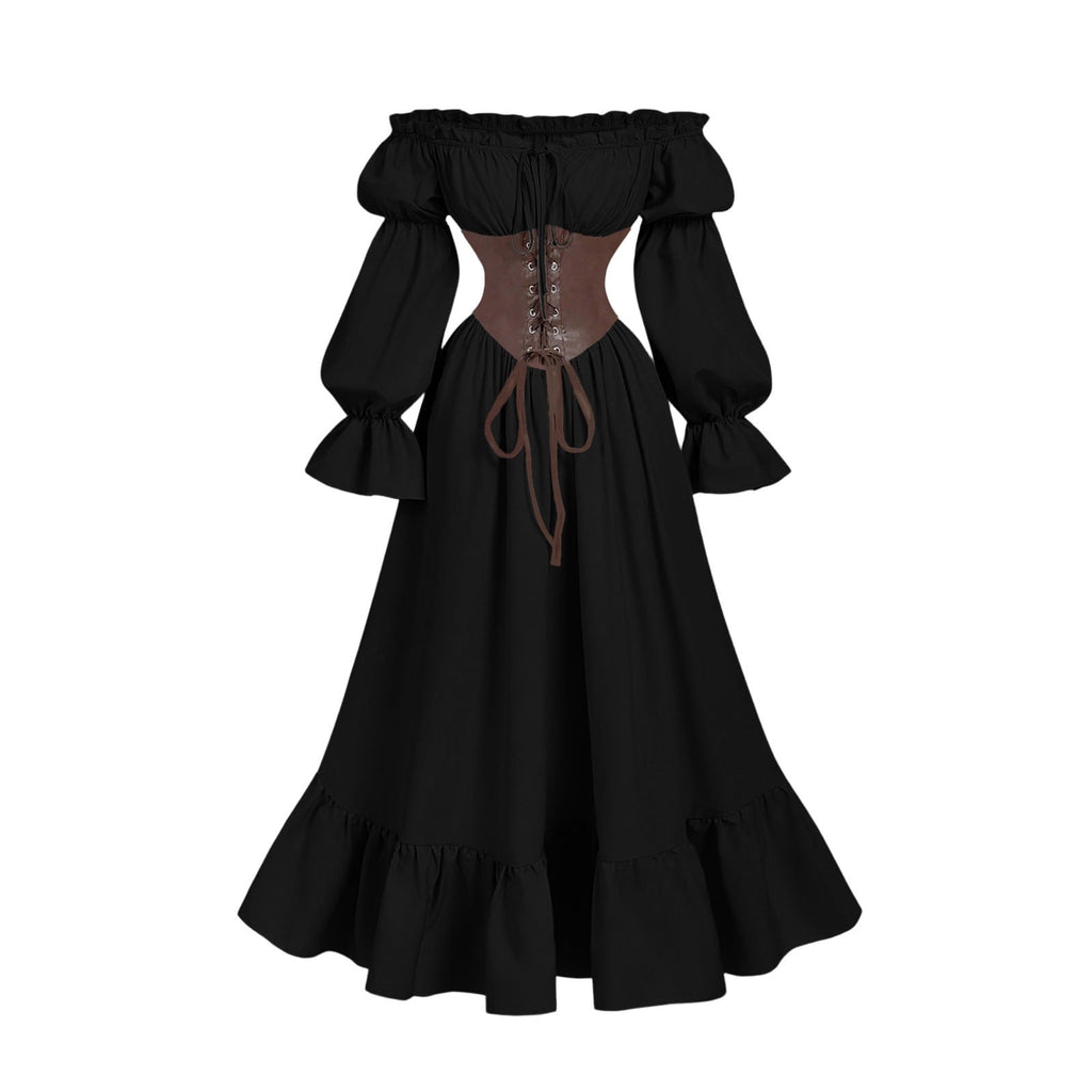 QATAINLAV Renaissance Costume Women Vintage Medieval Dress Cold Shoulder Short Sleeve Peasant Pirate Irish Maxi Dresses, Black, L