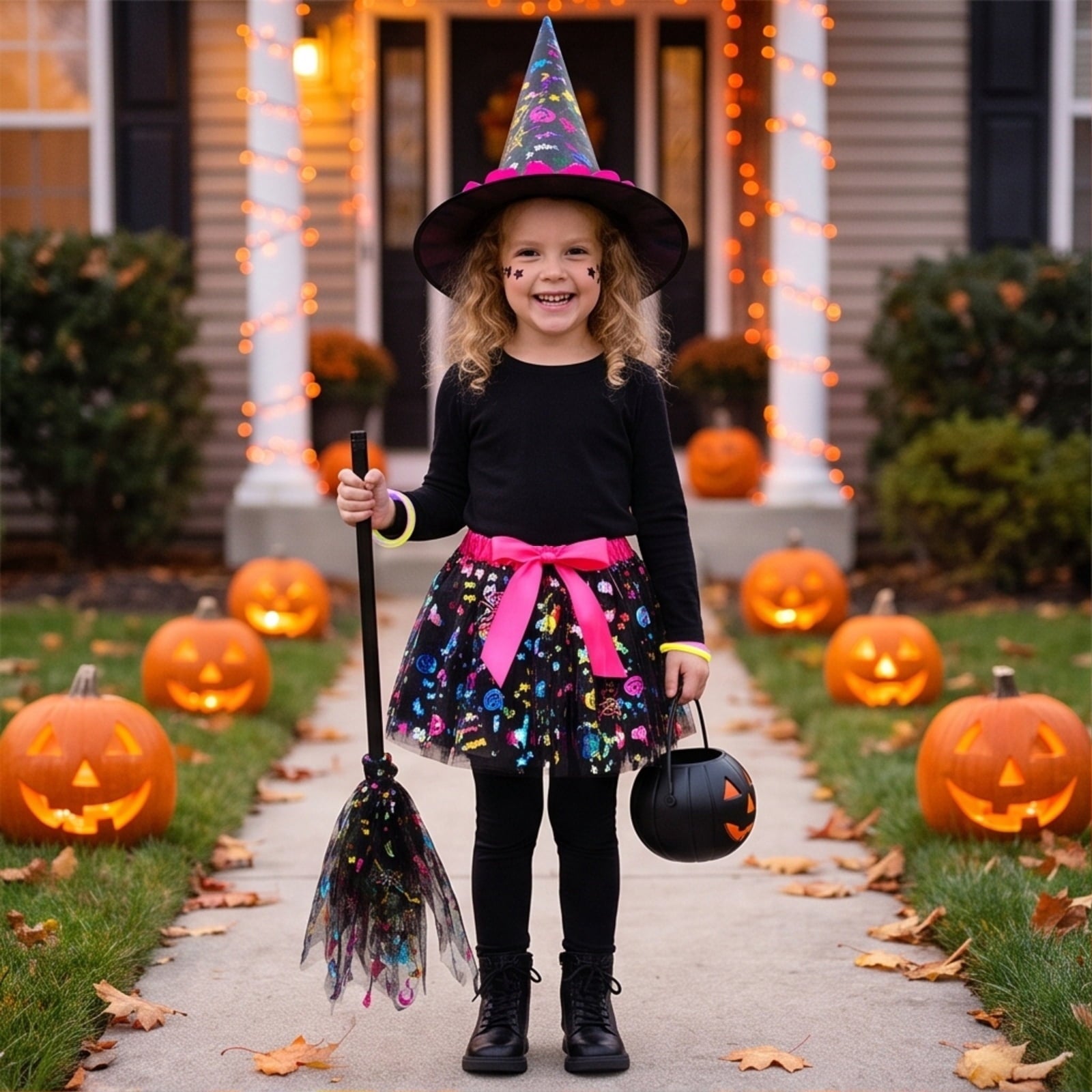 choiix Witch Tutu Skirt and Hat Set with Broomstick Halloween Costume Outfit with Printed Tulle Skirt and Witch Hat Cosplay Outfit for Party 100
