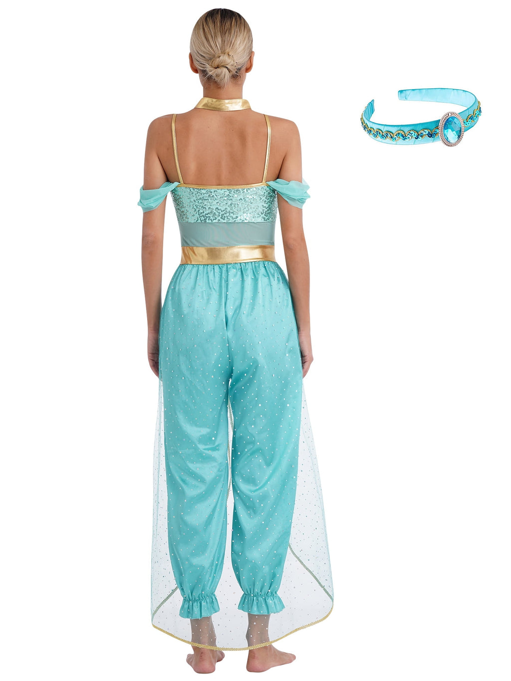 YiZYiF Women's Arabian Princess Dance Costume Halloween Party Fancy Dress Shiny Belly Dance Jumpsuit Turquoise B 4XL