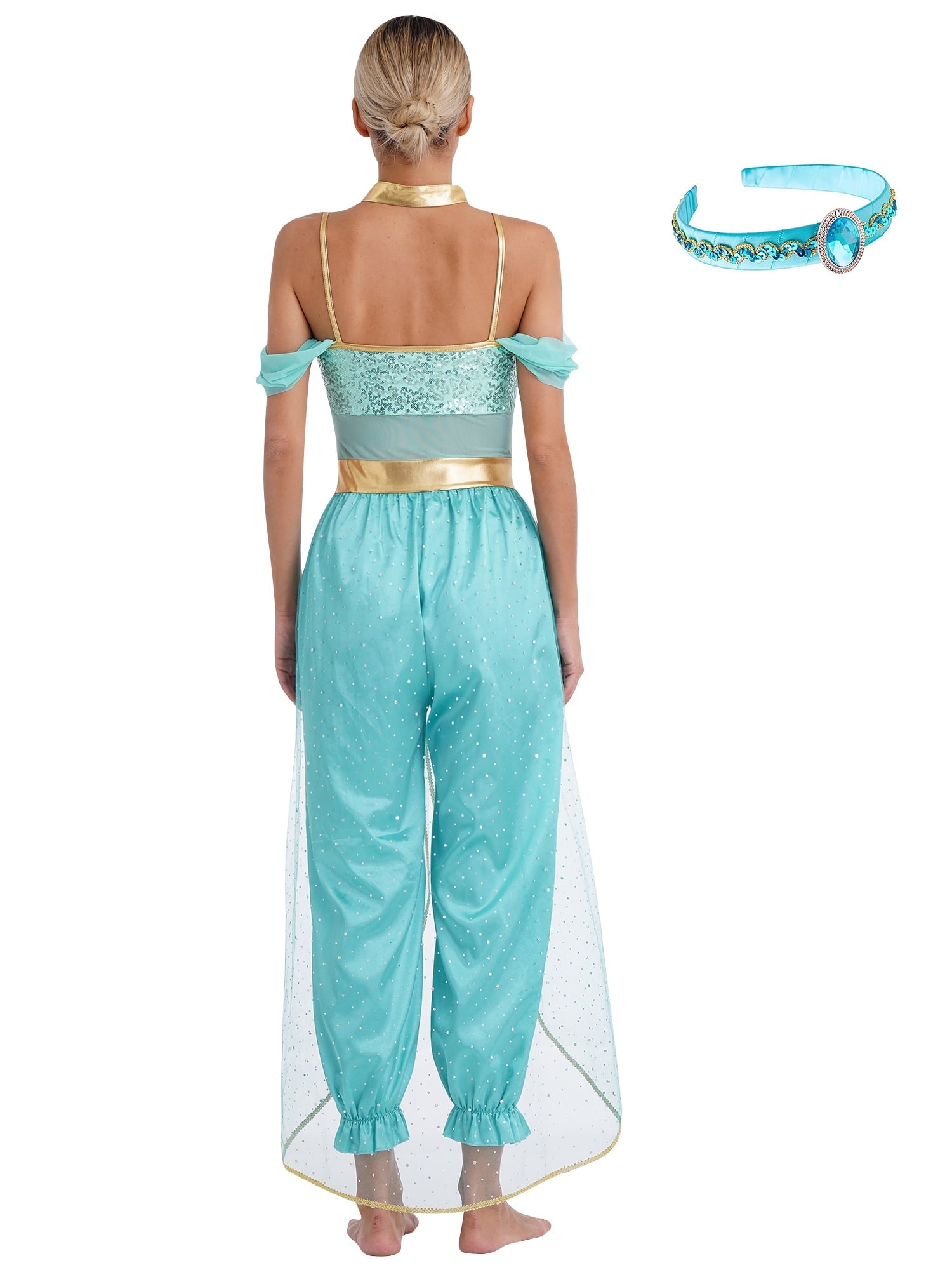 YiZYiF Women's Arabian Princess Dance Costume Halloween Party Fancy Dress Shiny Belly Dance Jumpsuit Turquoise B 4XL