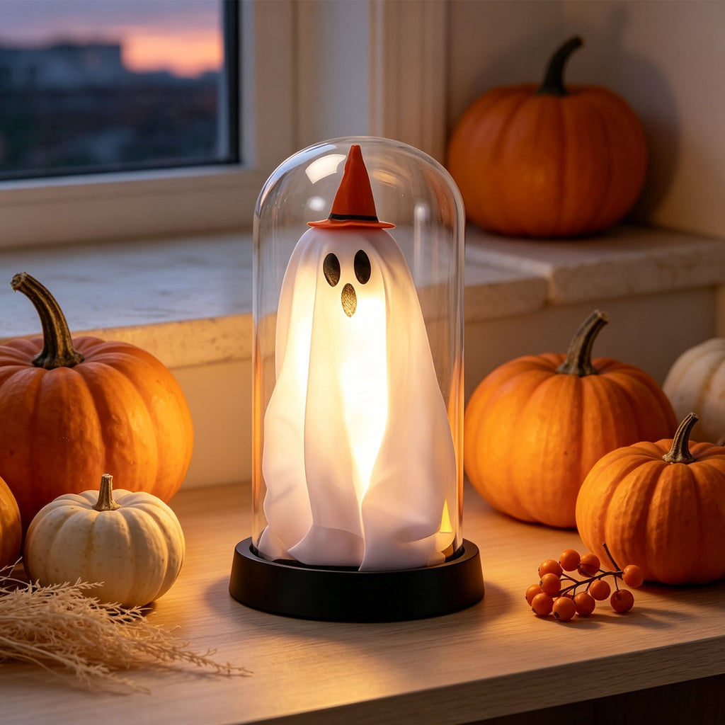 Darzheoy Halloween Decoration Ghost Cloche Lamp, with 3 Mini Figurines, Halloween Ghost Spooky, White Warm Glow, 1 Count