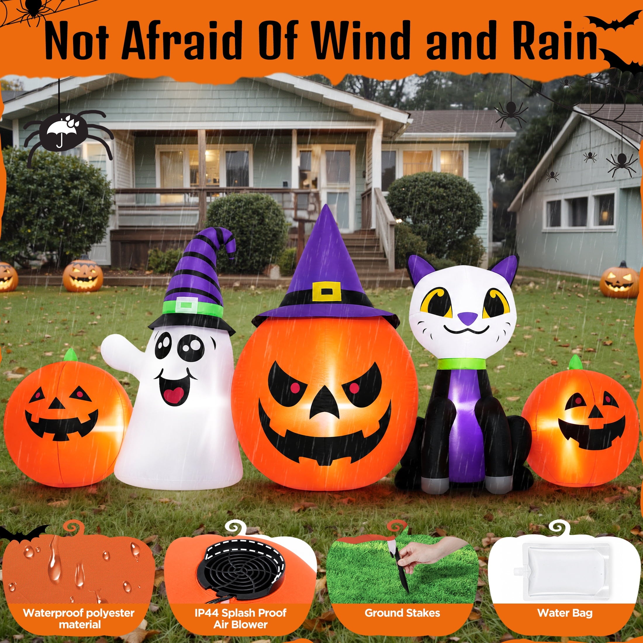 Firstness 8FT Halloween Inflatable Pumpkins Ghost Cat with Lights,Blow ups Outdoor Decorations for Yard