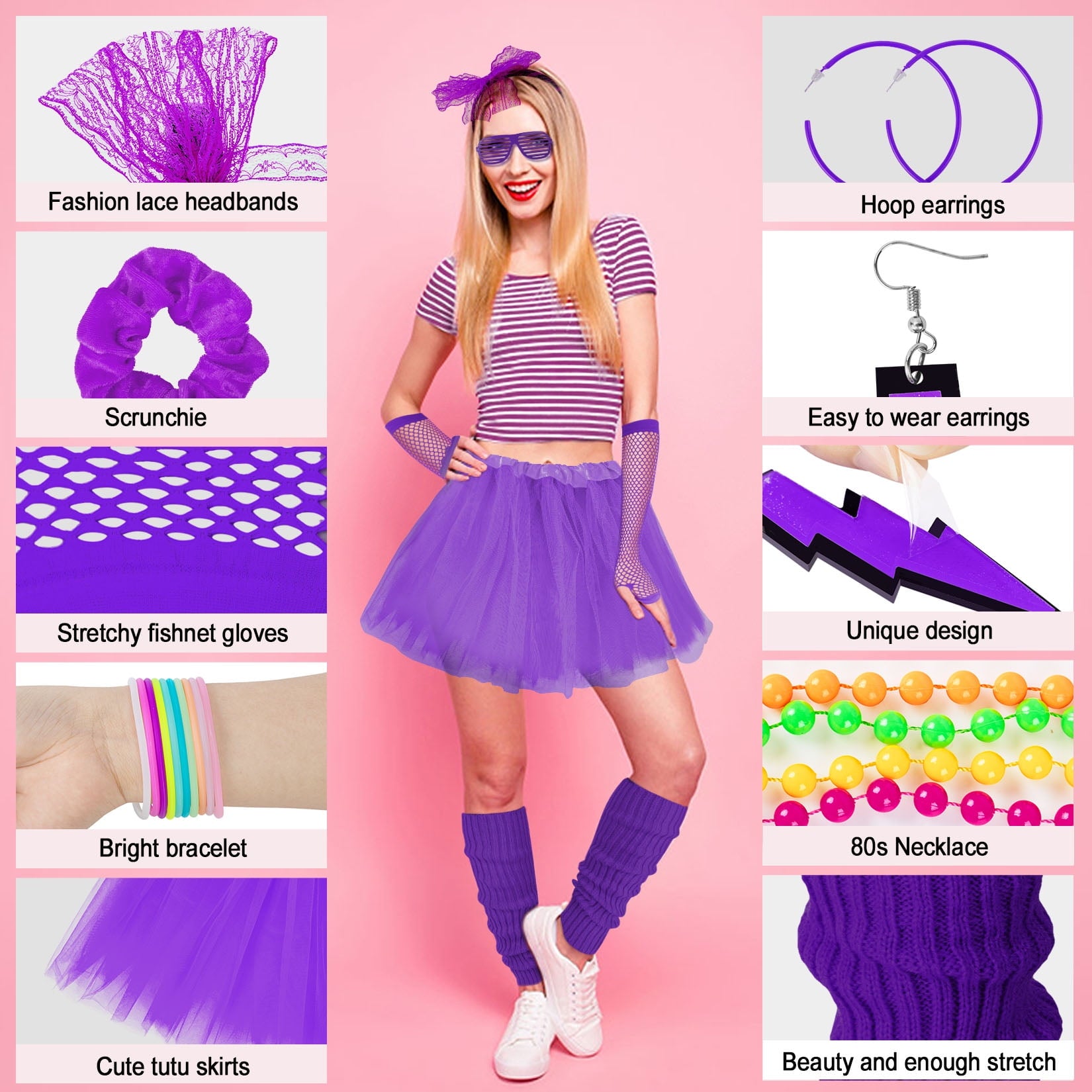 Loritta 80s Costumes for Women Fancy Outfit Accessories Set with Fishnet Gloves Leg Warmers Tutu Skirts for Theme Party