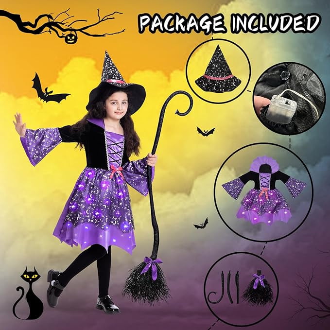 Sefiry Light-Up Witch Halloween Costume for Girls, LED Glowing Dress, Hat & Broom Set, 5-7T