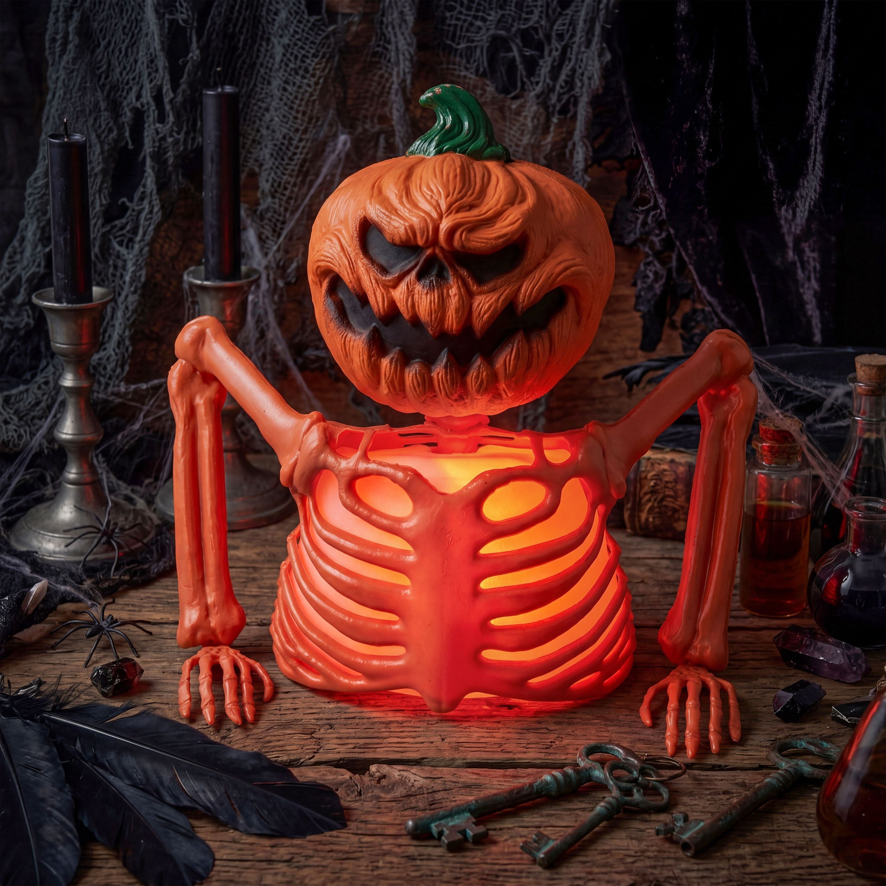 Joyfy Halloween LED Light Up Skeleton Pumpkin Table Decor,Multicolor Lighted Pumpkin Skeleton Ornament Indoor Outdoor Desk & Party Tabletop Decoration Supplies (10x8.6inch)