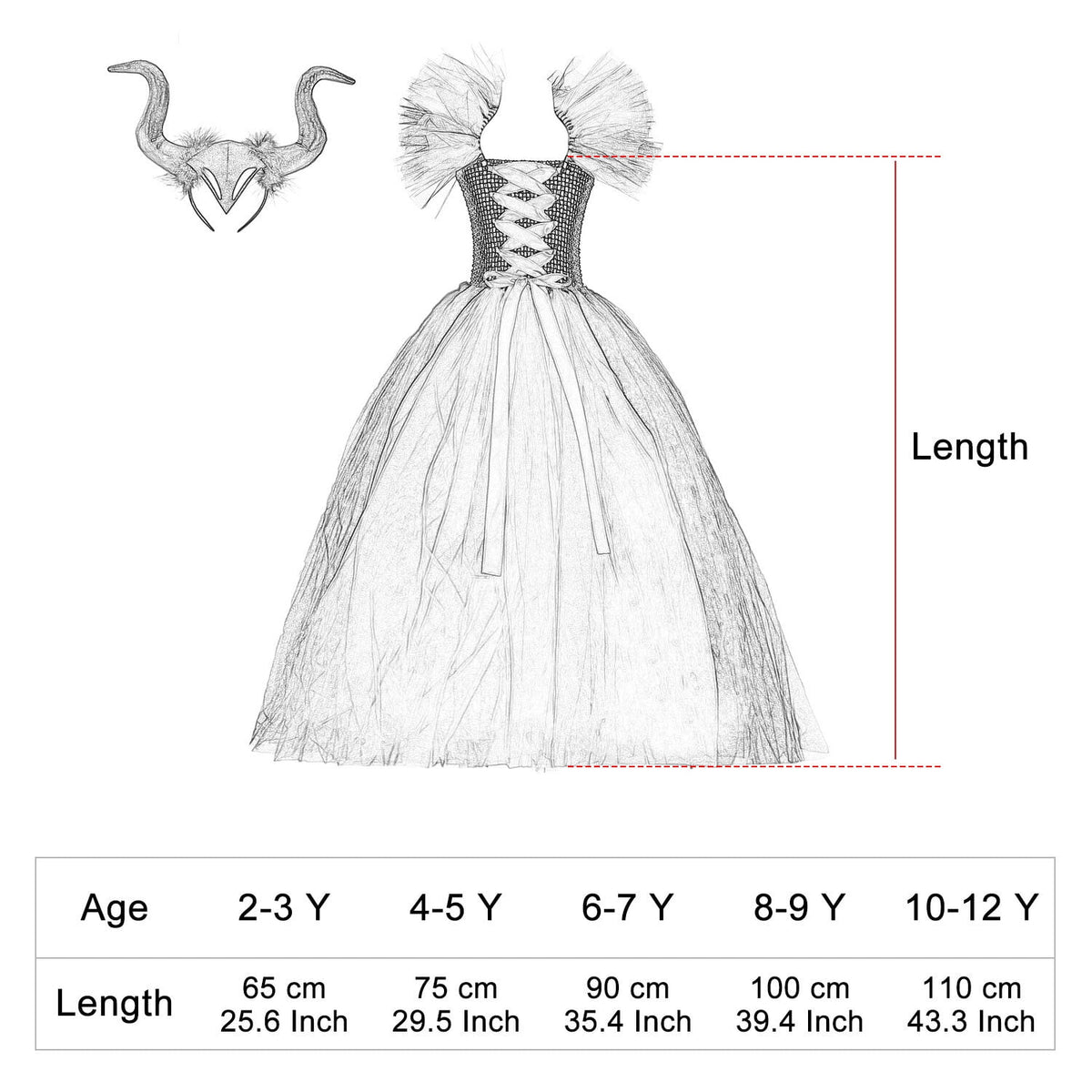 KAWELL Halloween Maleficent witch dress with headband set vampire witch costume 1-12 years old