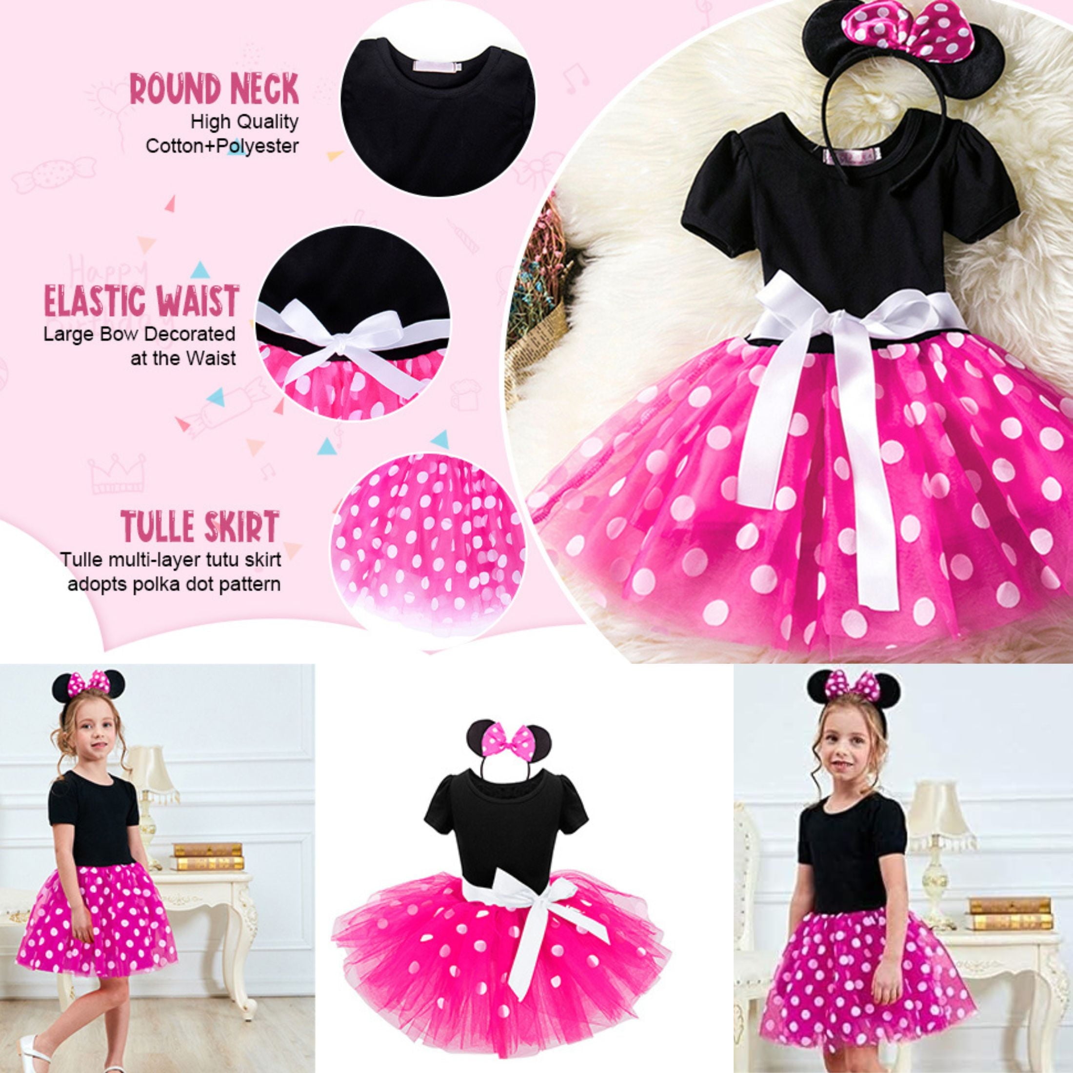Jurebecia Girls Red Polka Dot Tutu Dress with Bow Headband, Baby Toddler Party Costume for Birthday & Cosplay (110 cm)