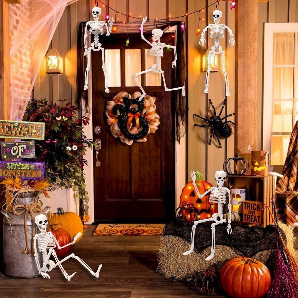 AGCAN 4 Packs Posable Halloween Hanging Skeleton Decoration, 16 Inch Halloween Decorations with Movable Joints for Graveyard Haunted House Props Decor Indoor Outdoor