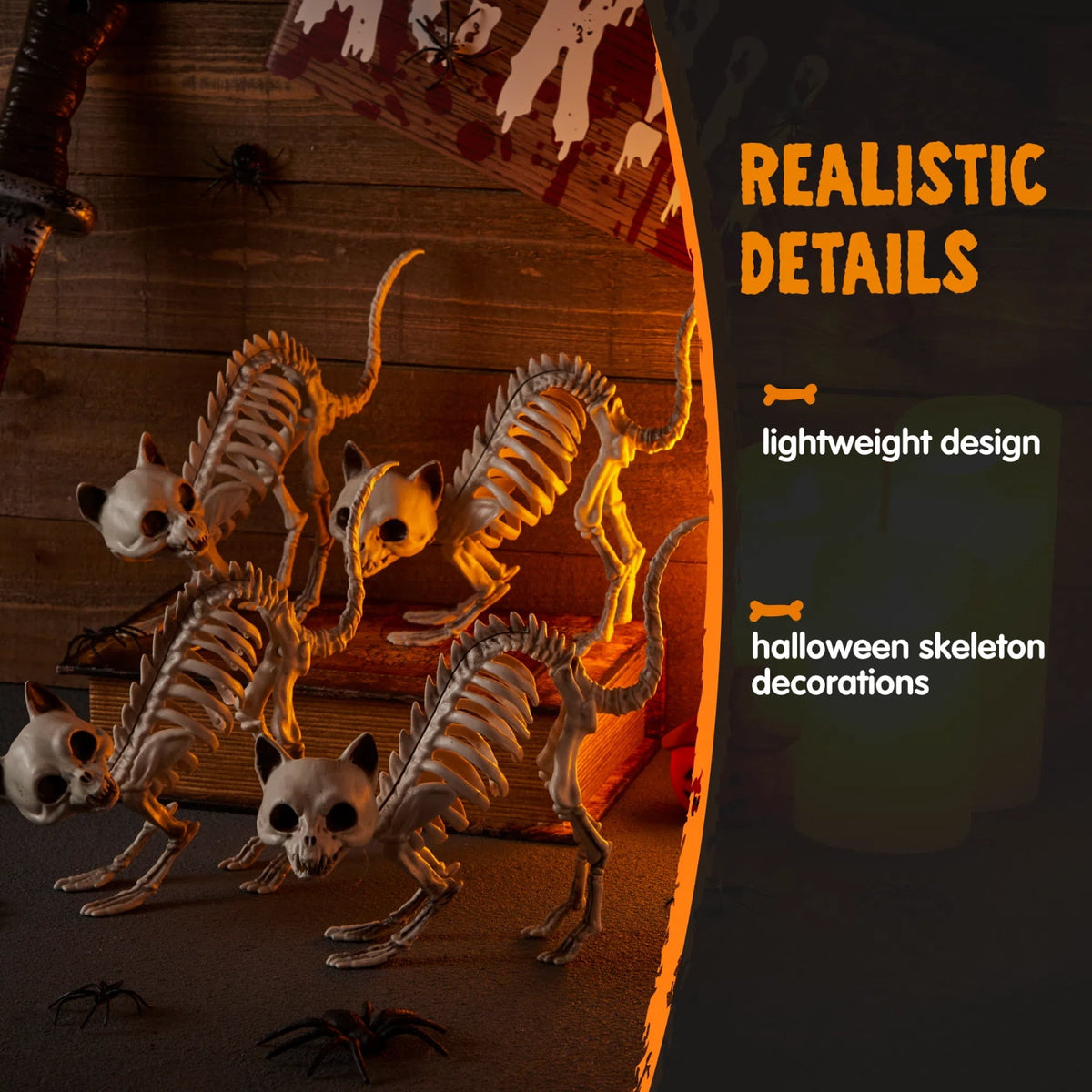 Joyfy 2 Pcs Cat Skeleton Halloween Decoration,7 Inch Posable Plastic Animals Halloween Skeleton for Indoor Outdoor Halloween Decorations,Haunted House Party Props