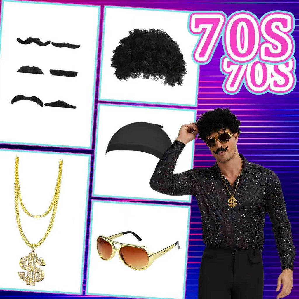 MYATED 70s Disco Costume for Men 6 Pcs Dance Bell Bottom Pants Retro Shirts Wigs Sunglasses Necklace Shirts for Disco Party (Black,L)