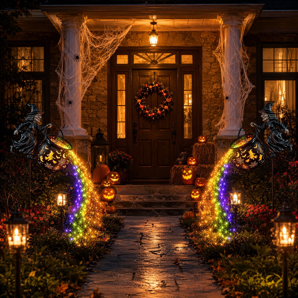 Halloween Witch Cauldron Garden Stake Lights, 2.7Ft LED Color Waterfall-Style Light Flow Flying Witch Garden Stake, Waterproof Weather Resistant Projector Lights for Outdoor Yard, Lawn, Pathway