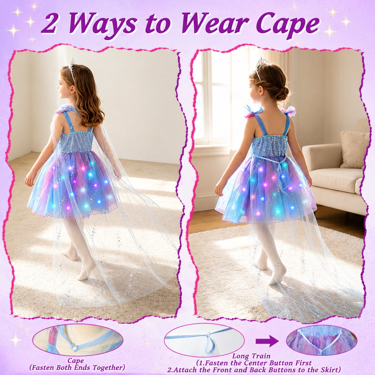 WonderStone Princess Dress for Girls, Light-Up Fairy Costume Dress-Up with Luxury Accessories, Purple Tutu Outfit for Birthday Parties, Kids & Toddlers Ages 5-6