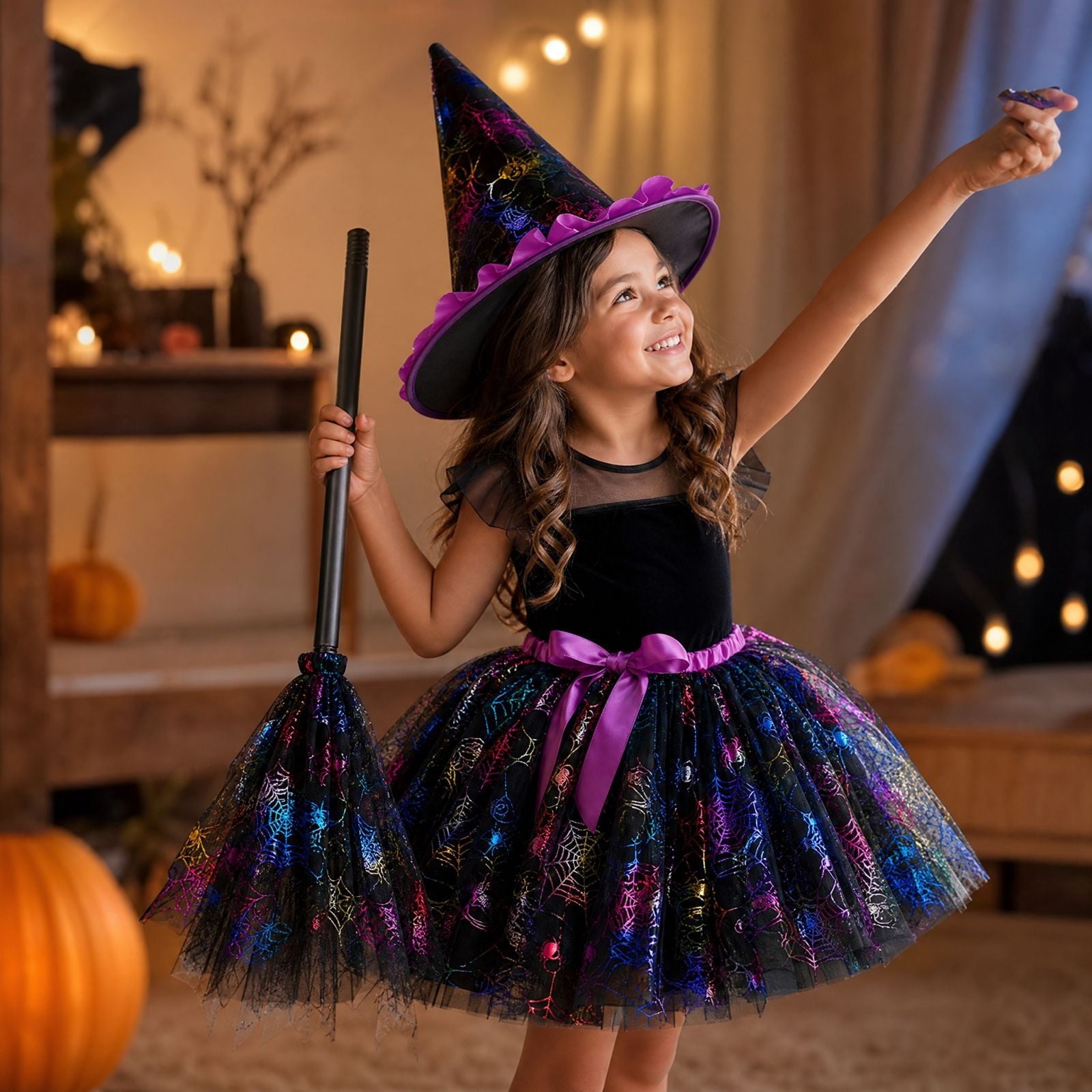 choiix Witch Tutu Skirt and Hat Set with Broomstick Halloween Costume Outfit with Printed Tulle Skirt and Witch Hat Cosplay Outfit for Party 100