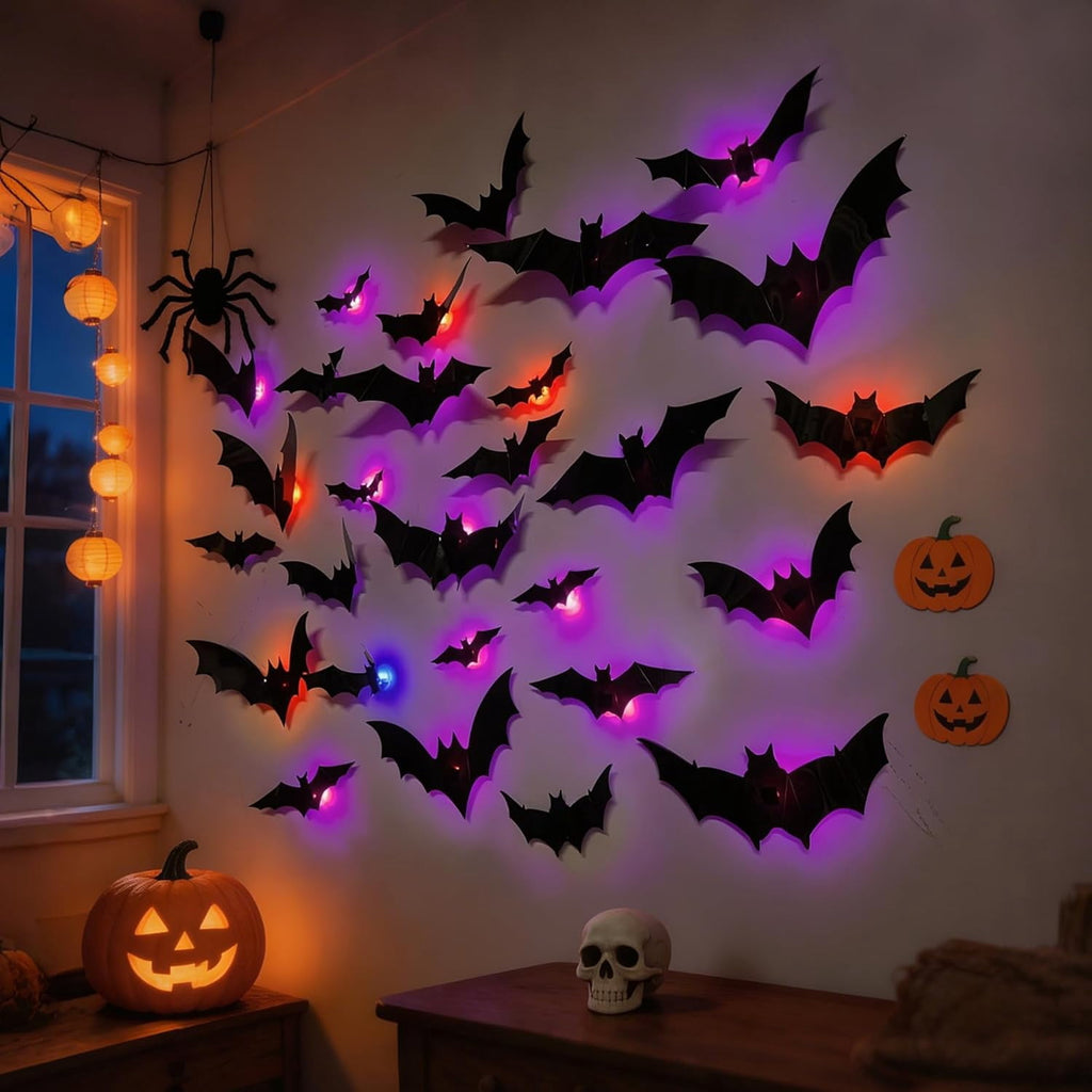 CQHVKQ 60 PCS Halloween Bats Decorations, Realistic 3D LED Bats Wall Stickers Decor, Assorted Size Removable Lighted PVC Bats DIY Wall Sticker for Halloween Party, Bedroom, Home, Indoor and Outdoor