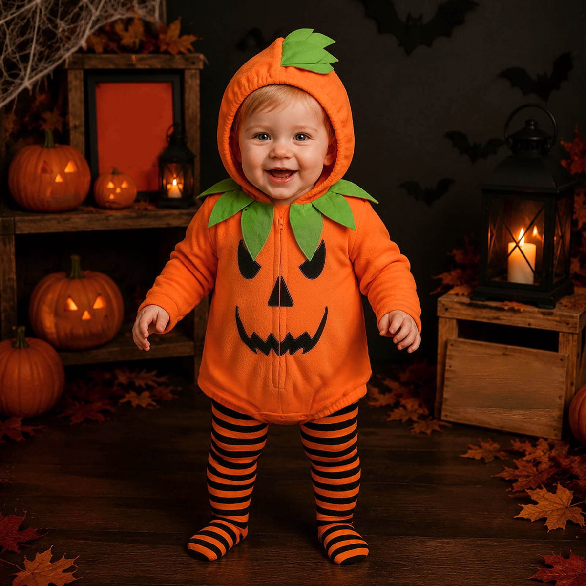 Newborn Infant Cute Jack-O-Lantern Costume Halloween Bodysuit and Striped Leggings Set Fall Holiday Fancy Dress Up Outfit for Boys Girls Party Festival
