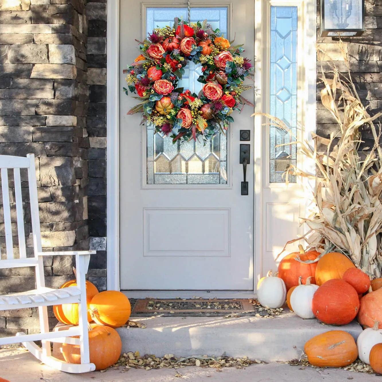 KOMI Fall Peony and Pumpkin Wreath, Autumn Year Round Wreaths for Front Door, Artificial Fall Wreath, Halloween Wreath, Fall Wreaths for Front Door, Autumn Wreath Thanksgiving Wreath (19.68 Inch)