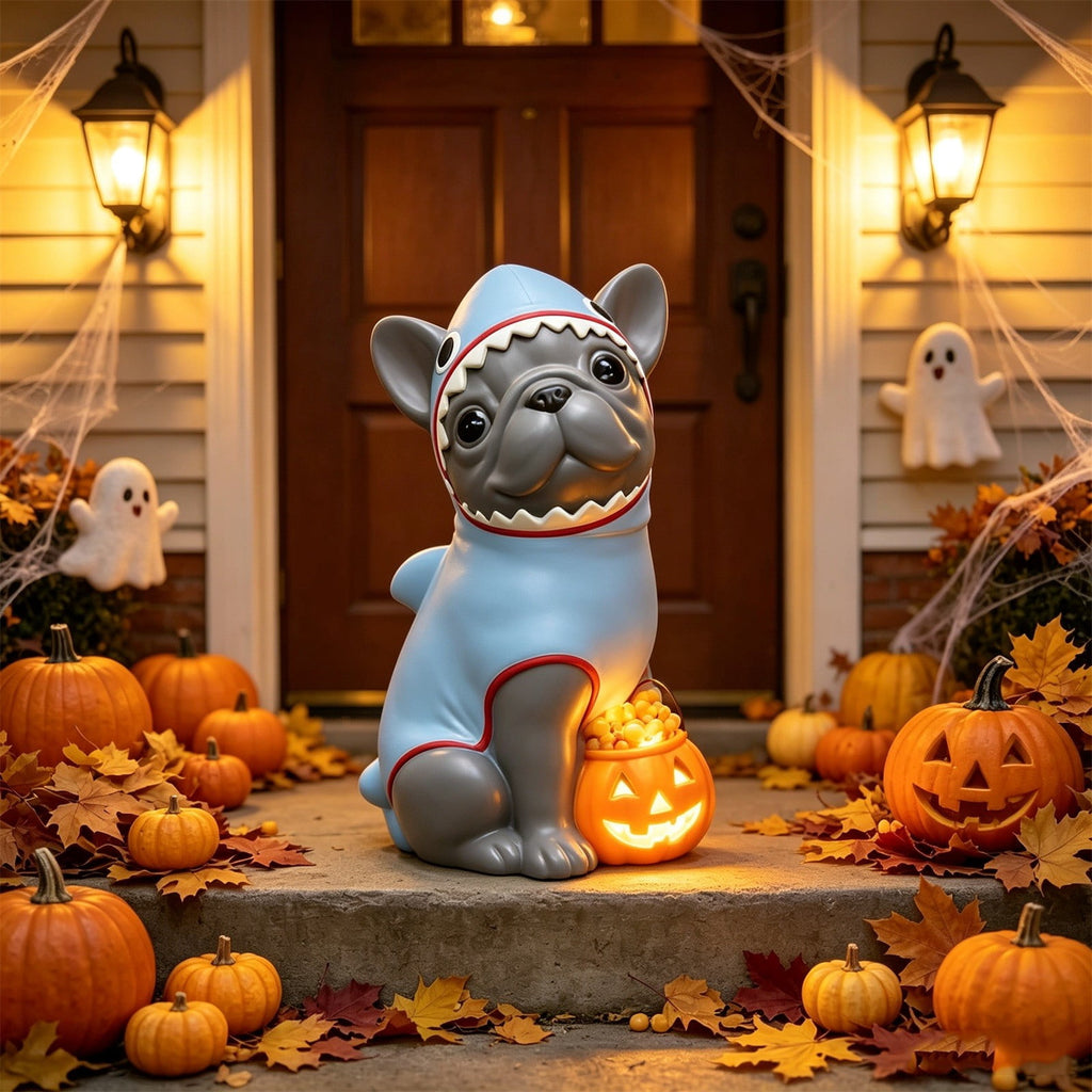 Gray Frenchie in Shark Costume Blow Mold, Halloween French Bulldog Statue with Light Up Pumpkin Decor, Cute Resin Outdoor Indoor Tabletop Dog Ornament, Entryway Patio Yard Decoration, 7.87"