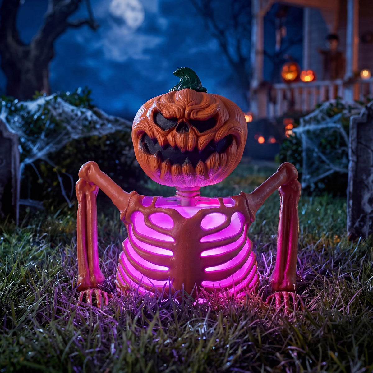 Joyfy Halloween LED Light Up Skeleton Pumpkin Table Decor,Multicolor Lighted Pumpkin Skeleton Ornament Indoor Outdoor Desk & Party Tabletop Decoration Supplies (10x8.6inch)