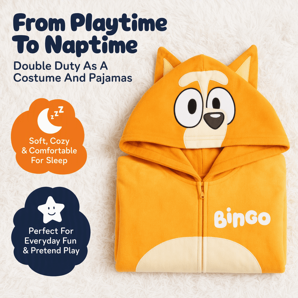 Bluey Little Kids' Boy or Girl Cosplay Hooded Coverall Bingo Orange