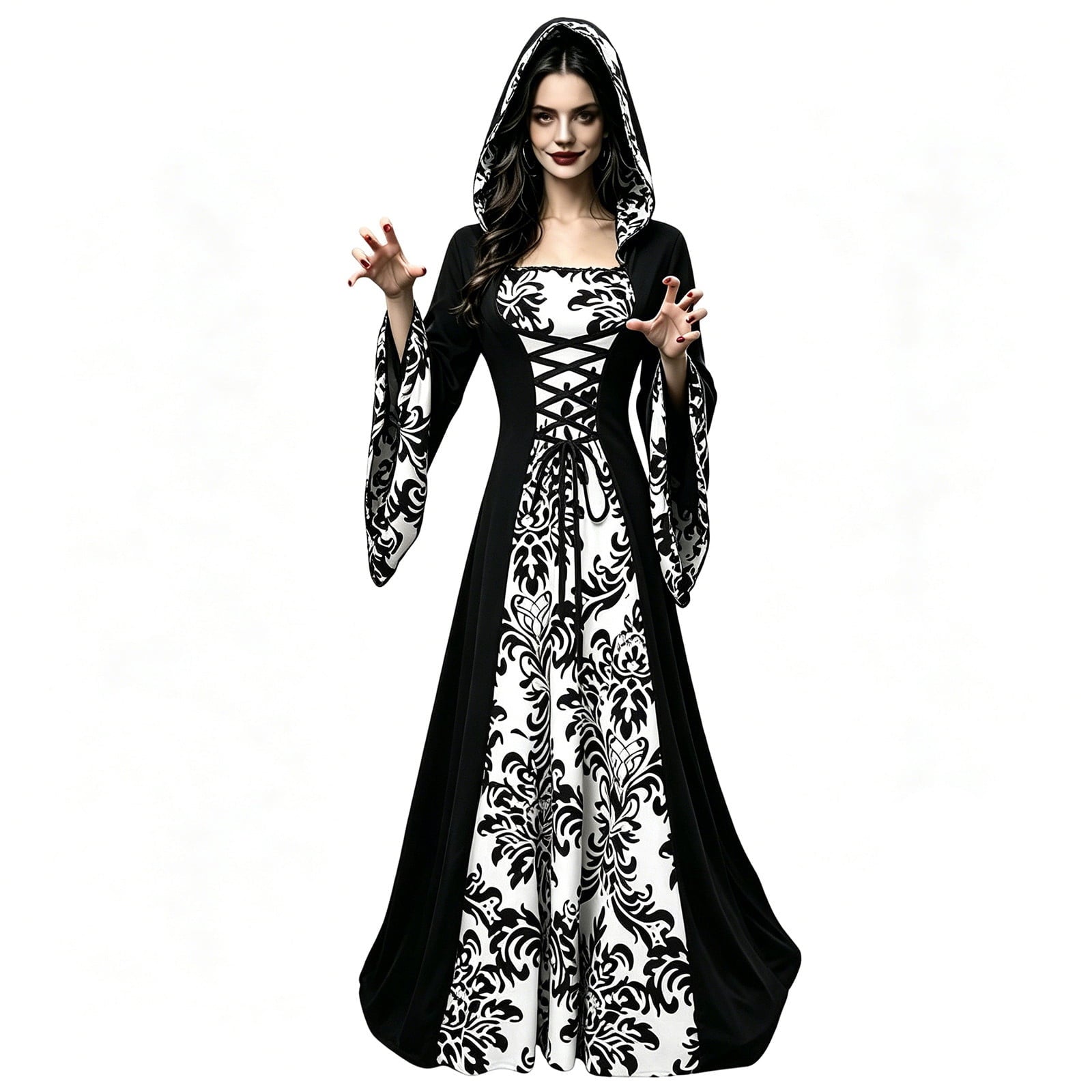 ZGRBOU Womens Vampire Witch Dress Halloween Cosplay Costumes Masquerade Hooded Gown Dress Medieval Gothic Dress Plus Size