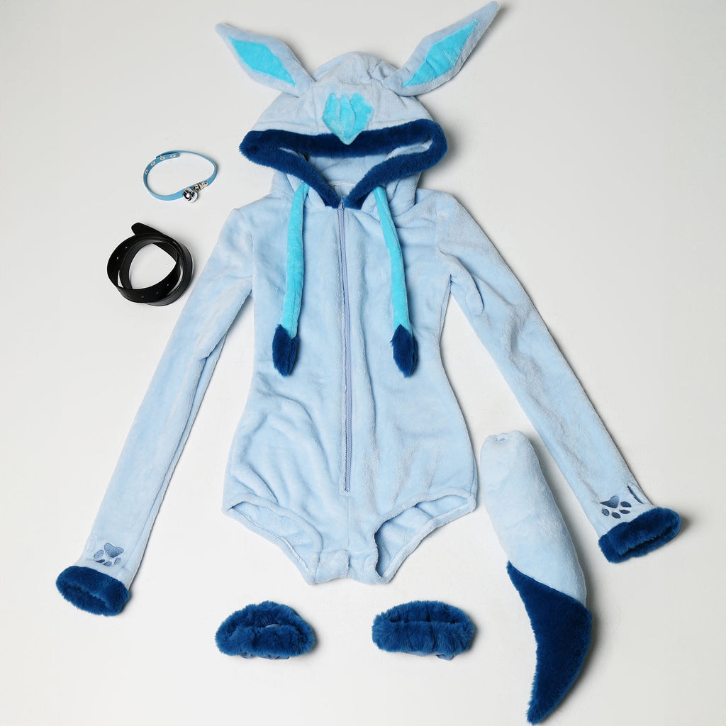 Women sexy Fluffy Hooded Bodysuit Halloween Deep V Kawaii One Piece Lingerie Rompers with Choker and Socks