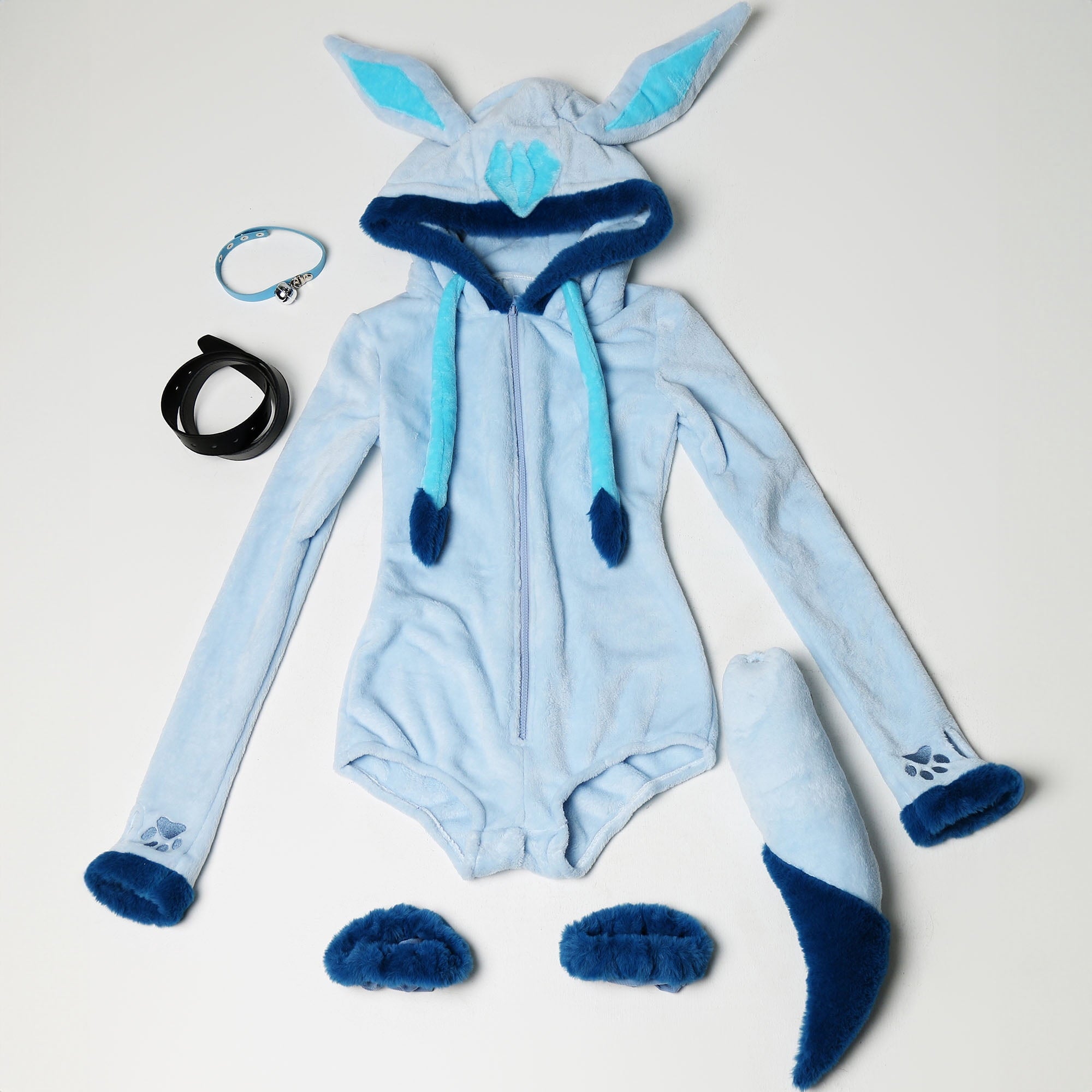 Women sexy Fluffy Hooded Bodysuit Halloween Deep V Kawaii One Piece Lingerie Rompers with Choker and Socks