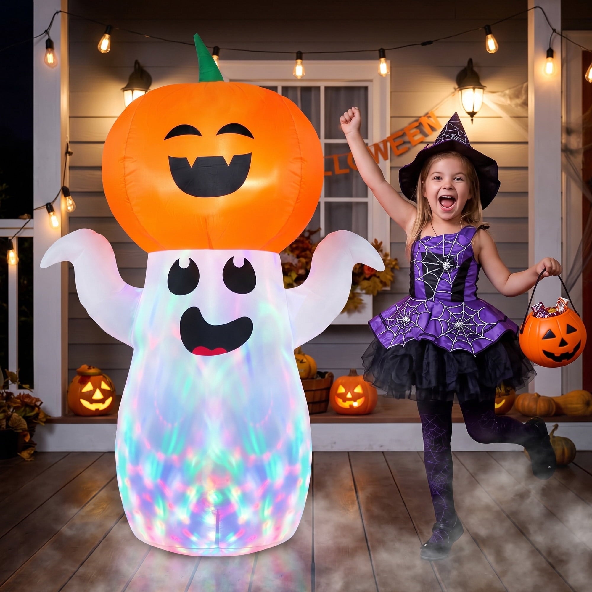GVDV 5Ft Halloween Inflatable Pumpkin Ghost with 360° Rotating Colorful LED Lights, Cute Indoor/Outdoor Decor for Party, Yard, Lawn