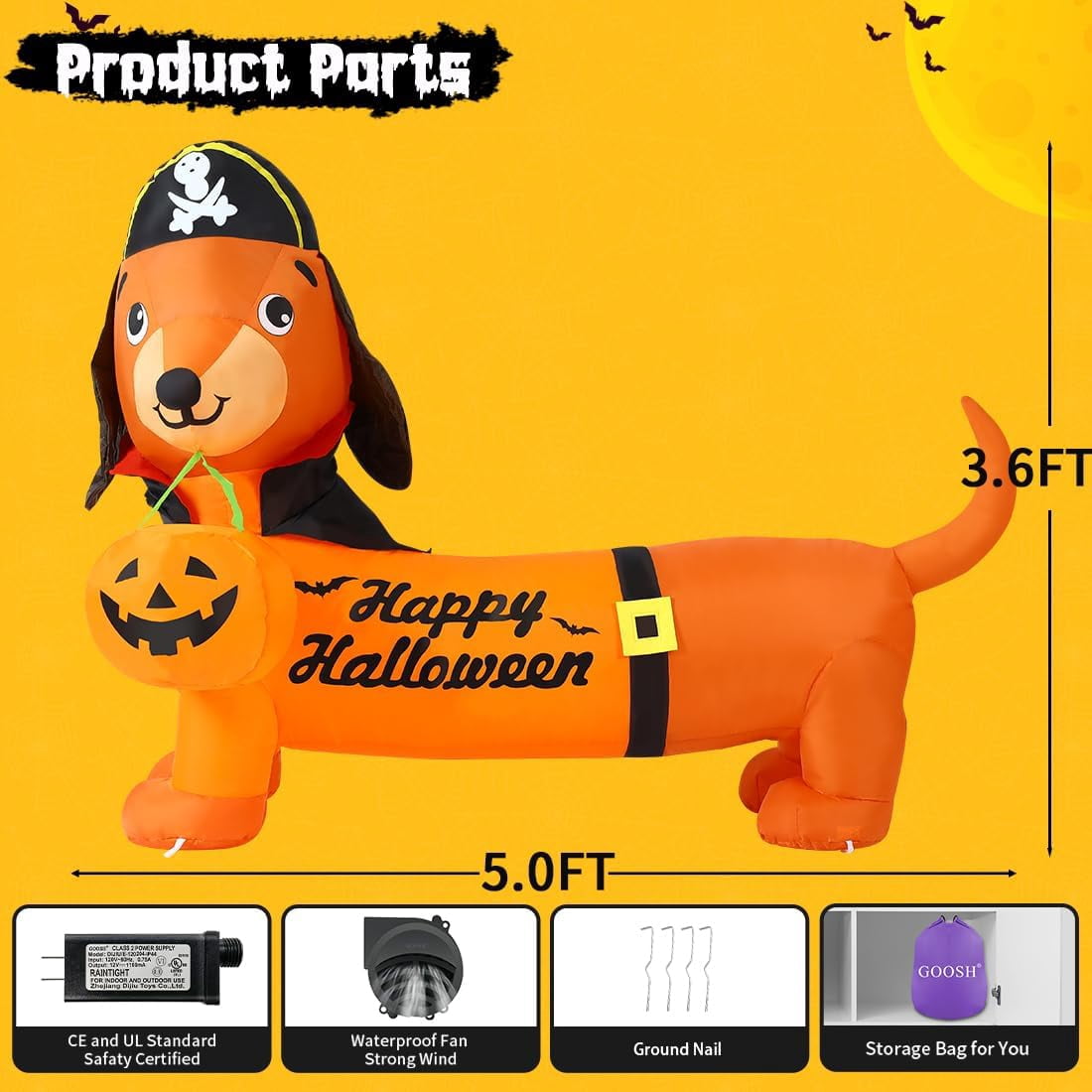 GOOSH Halloween Inflatable 5 FT Halloween Dog Decorations, Halloween Inflatable Dog with Built-in Lights, Halloween Decorations Outdoor Clearance For Halloween/Holiday/Garden/Yard