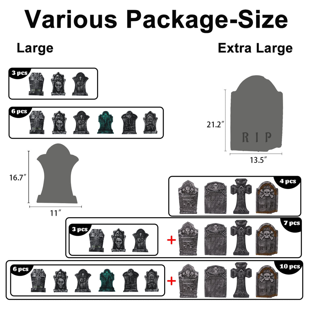 Gamexcel 3-Pack Large 17" Halloween Foam RIP Tombstones with Stakes - Graveyard Lawn Decorations for Spooky Haunted House Decor