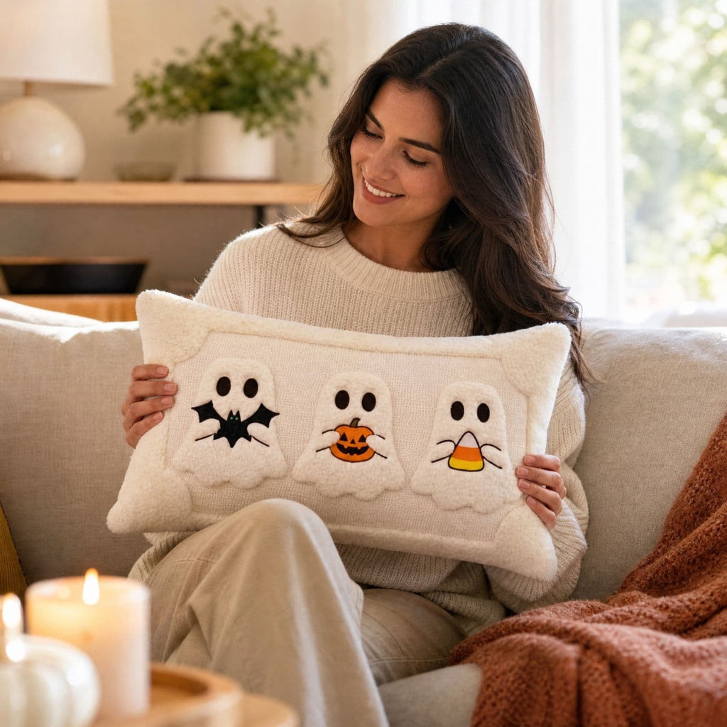 Halloween Ghost Reading Book Throw Pillow Cover, Spooky Library Bookshelf Skull Candlestick Decorative Pillowcase, Retro Halloween Cushion Cover