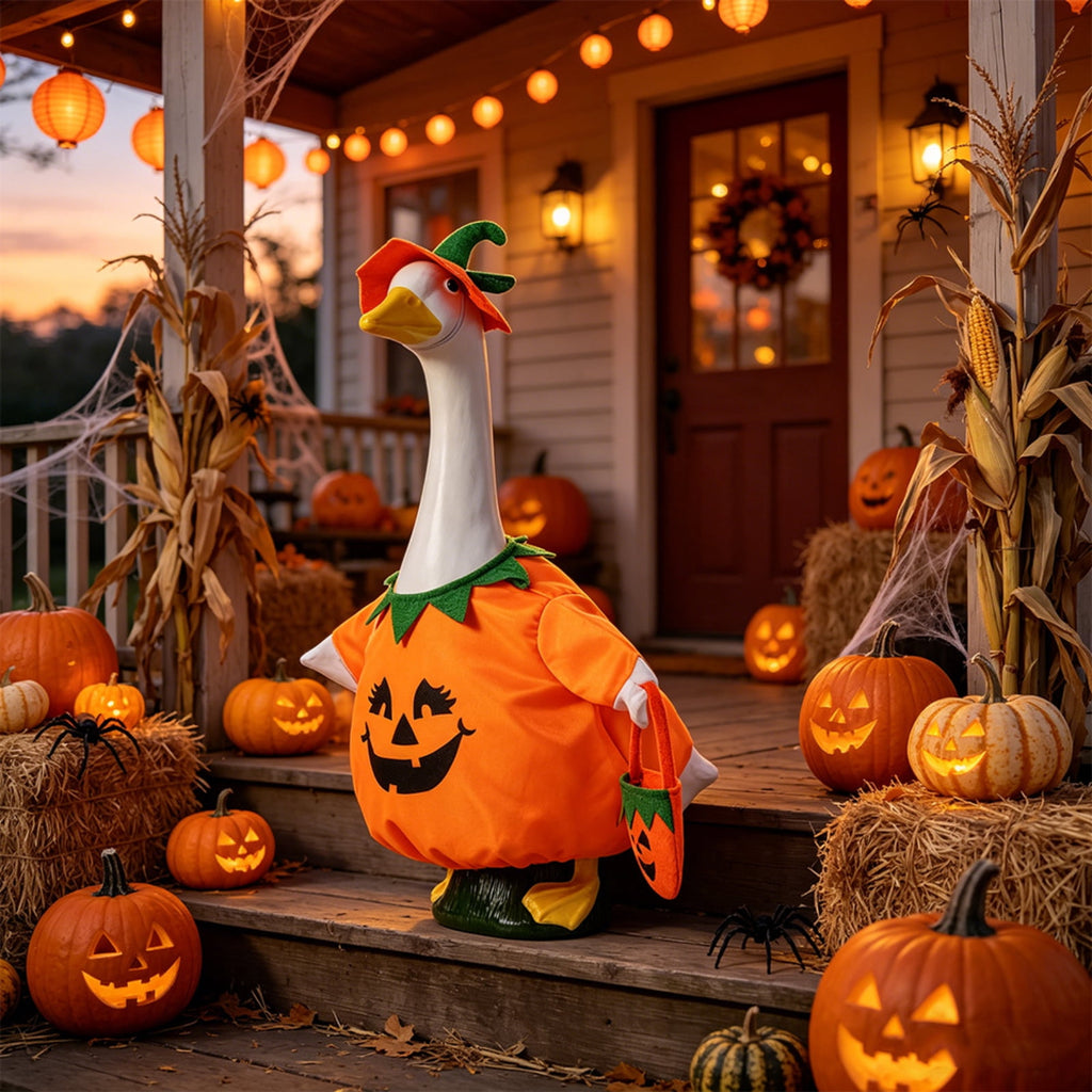 Outdoor Holiday Yard Decor, 23 Inch Porch Goose Outfits, Halloween Pumpkin Themed Porch Goose Clothes, Porch Goose Set with Hat and Treat Bag, Fits Standard 23 Inch Large Porch