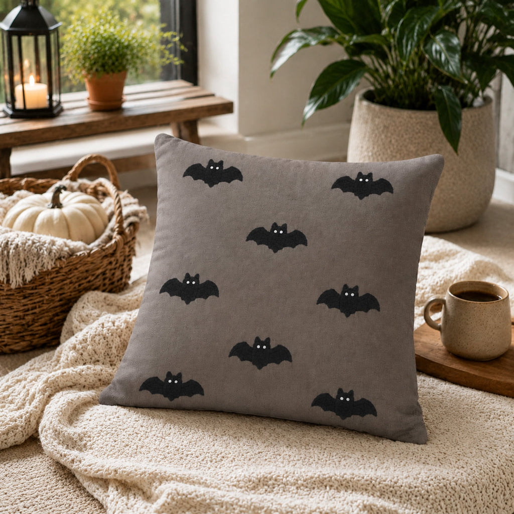 Yeciiwht Halloween Throw Pillow Cover – 18*18inch Embroidered Linen Cushion Case with Ghost, Mummy & Bat Designs, Invisible Zipper, Machine Washable